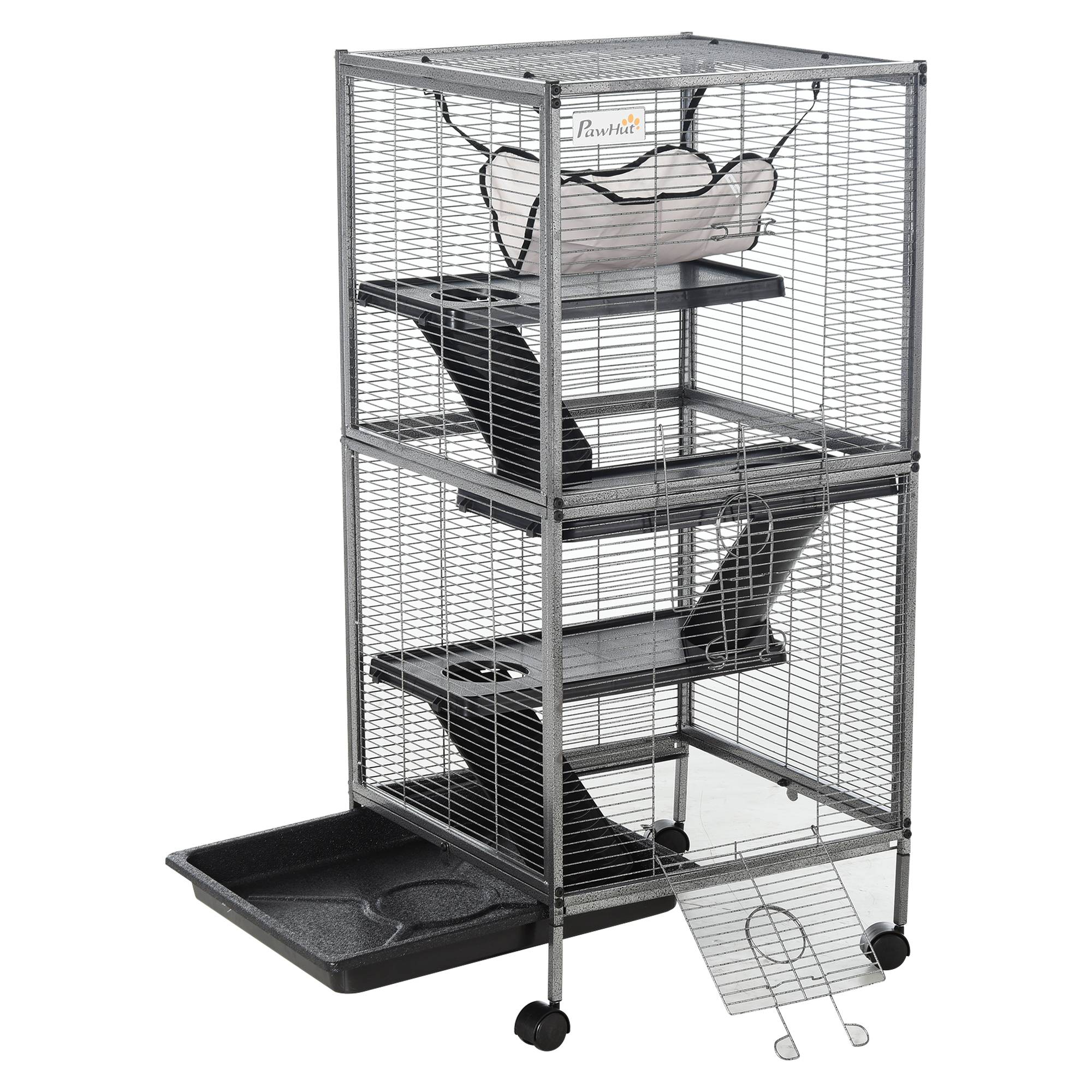 Pawhut - PawHut Cage pour Petits Animaux Portable avec 2 Portes Hamac Métal PP 52 x 52 x 113,5 cm Gris - Imagen 5