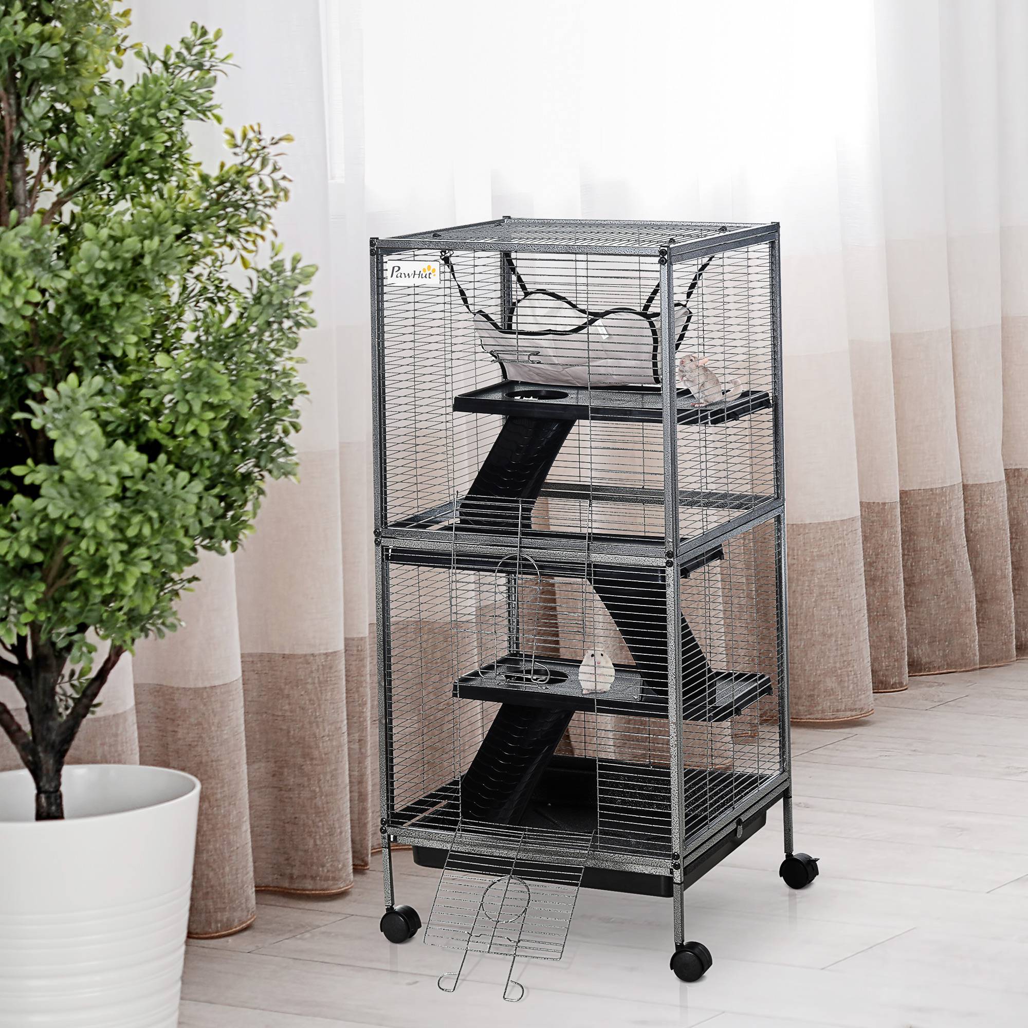 Pawhut - PawHut Cage pour Petits Animaux Portable avec 2 Portes Hamac Métal PP 52 x 52 x 113,5 cm Gris - Imagen 4