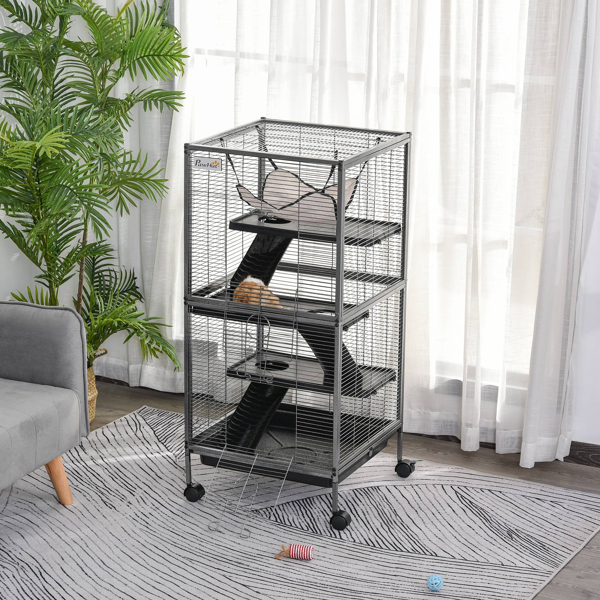 Pawhut - PawHut Cage pour Petits Animaux Portable avec 2 Portes Hamac Métal PP 52 x 52 x 113,5 cm Gris - Imagen 2