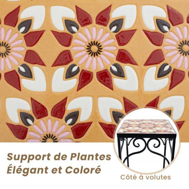 Helloshop26 - Lot de 3 supports pots de fleurs plateau en céramique à motifs mosaïque patin antidérapant porte plante en métal jaune - Imagen 4