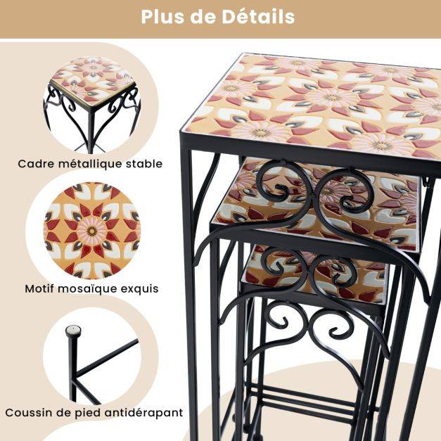 Helloshop26 - Lot de 3 supports pots de fleurs plateau en céramique à motifs mosaïque patin antidérapant porte plante en métal jaune - Imagen 2