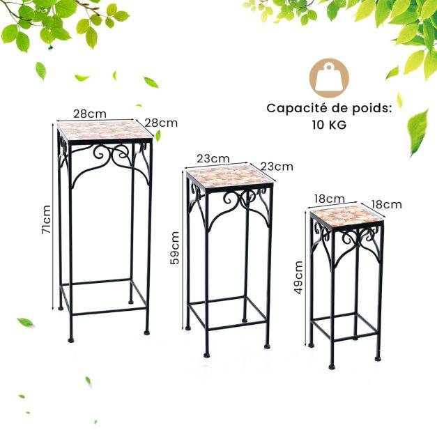 Helloshop26 - Lot de 3 supports pots de fleurs plateau en céramique à motifs mosaïque patin antidérapant porte plante en métal jaune - Imagen 5