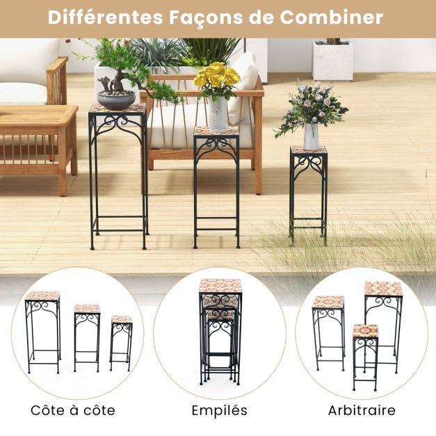 Helloshop26 - Lot de 3 supports pots de fleurs plateau en céramique à motifs mosaïque patin antidérapant porte plante en métal jaune - Imagen 3
