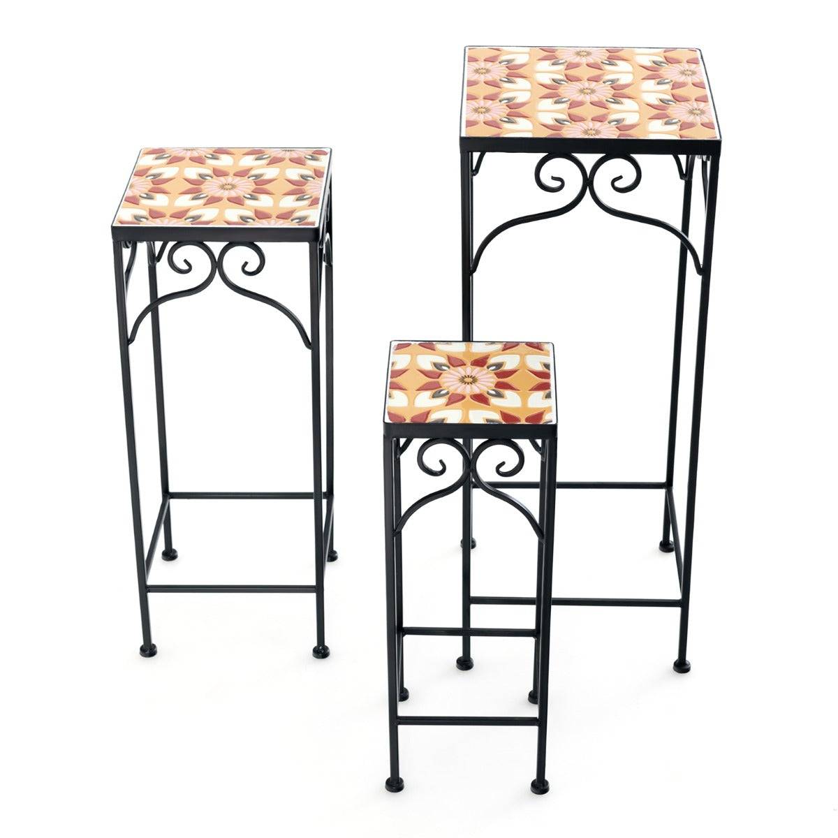 Helloshop26 - Lot de 3 supports pots de fleurs plateau en céramique à motifs mosaïque patin antidérapant porte plante en métal jaune - Imagen 1