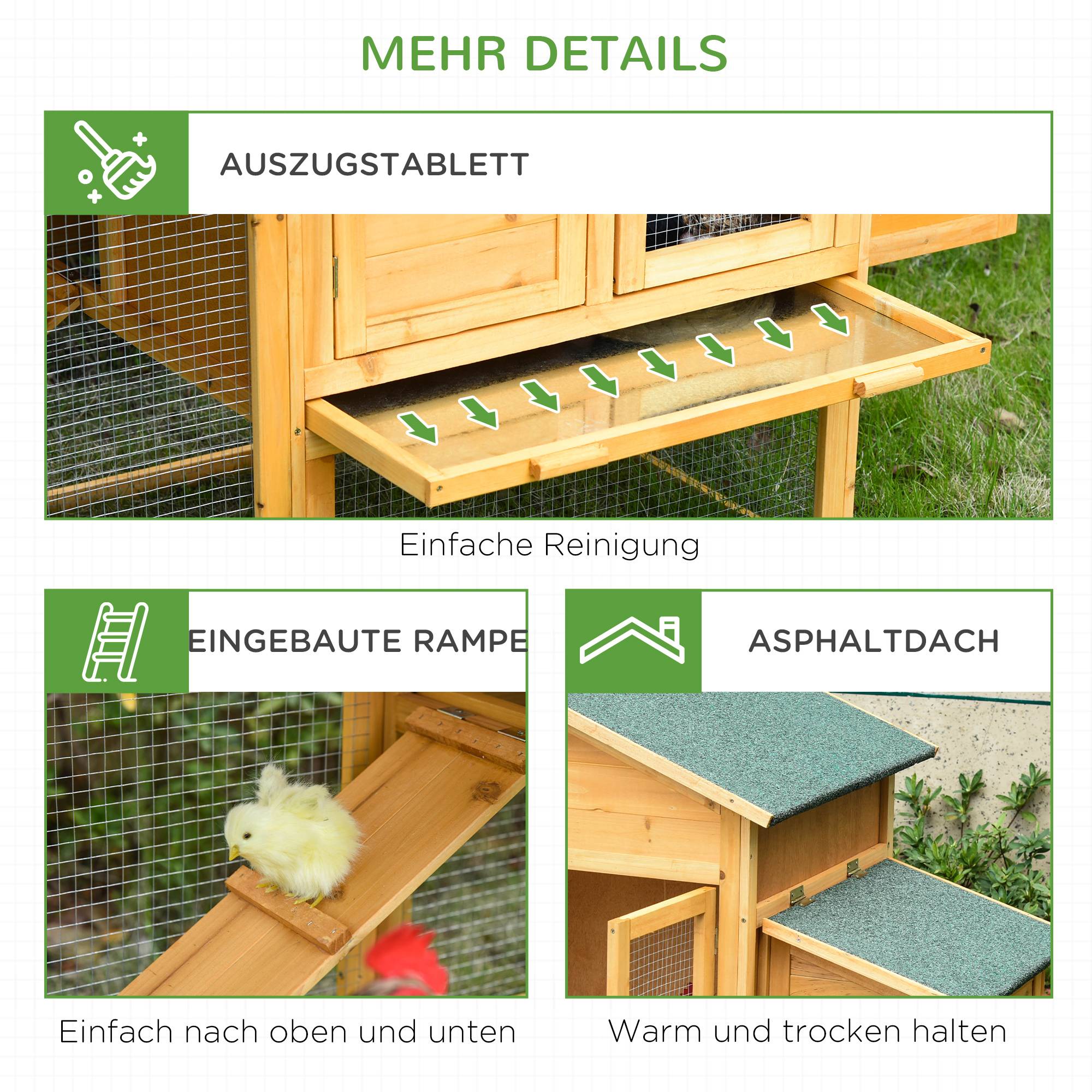 Poulailler pour poules naines avec enclos et pondoir. Construction en bois de sapin traité anti-intempéries, toit en asphalte. Jaune et vert. - Image 9