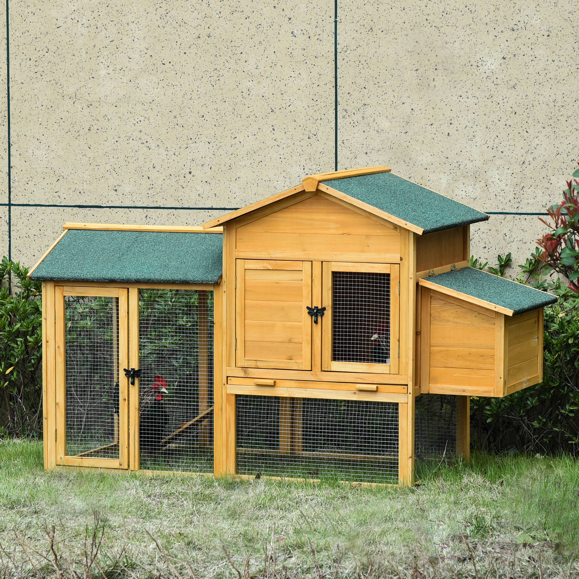 Poulailler pour poules naines avec enclos et pondoir. Construction en bois de sapin traité anti-intempéries, toit en asphalte. Jaune et vert. - Image 3