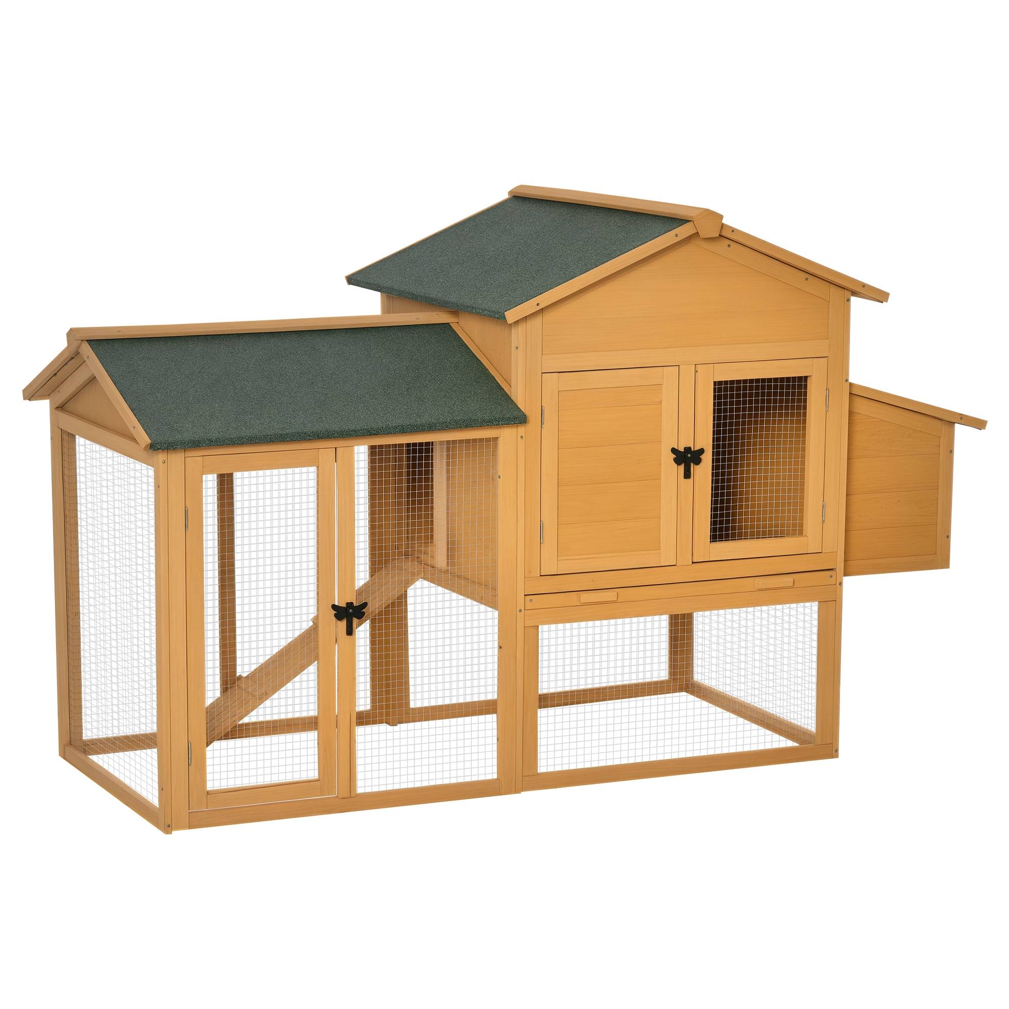 Poulailler pour poules naines avec enclos et pondoir. Construction en bois de sapin traité anti-intempéries, toit en asphalte. Jaune et vert. - Image 1