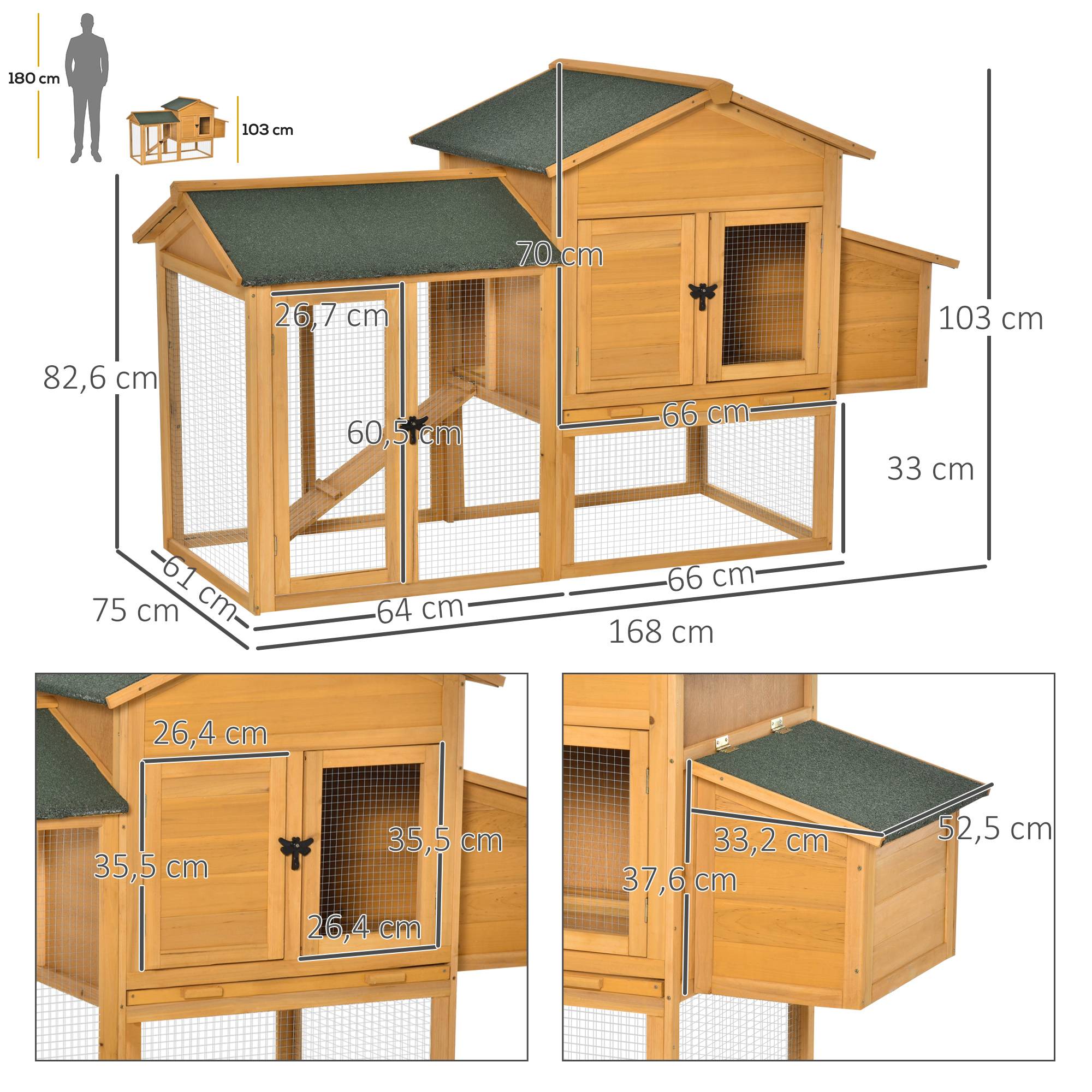 Poulailler pour poules naines avec enclos et pondoir. Construction en bois de sapin traité anti-intempéries, toit en asphalte. Jaune et vert. - Image 5