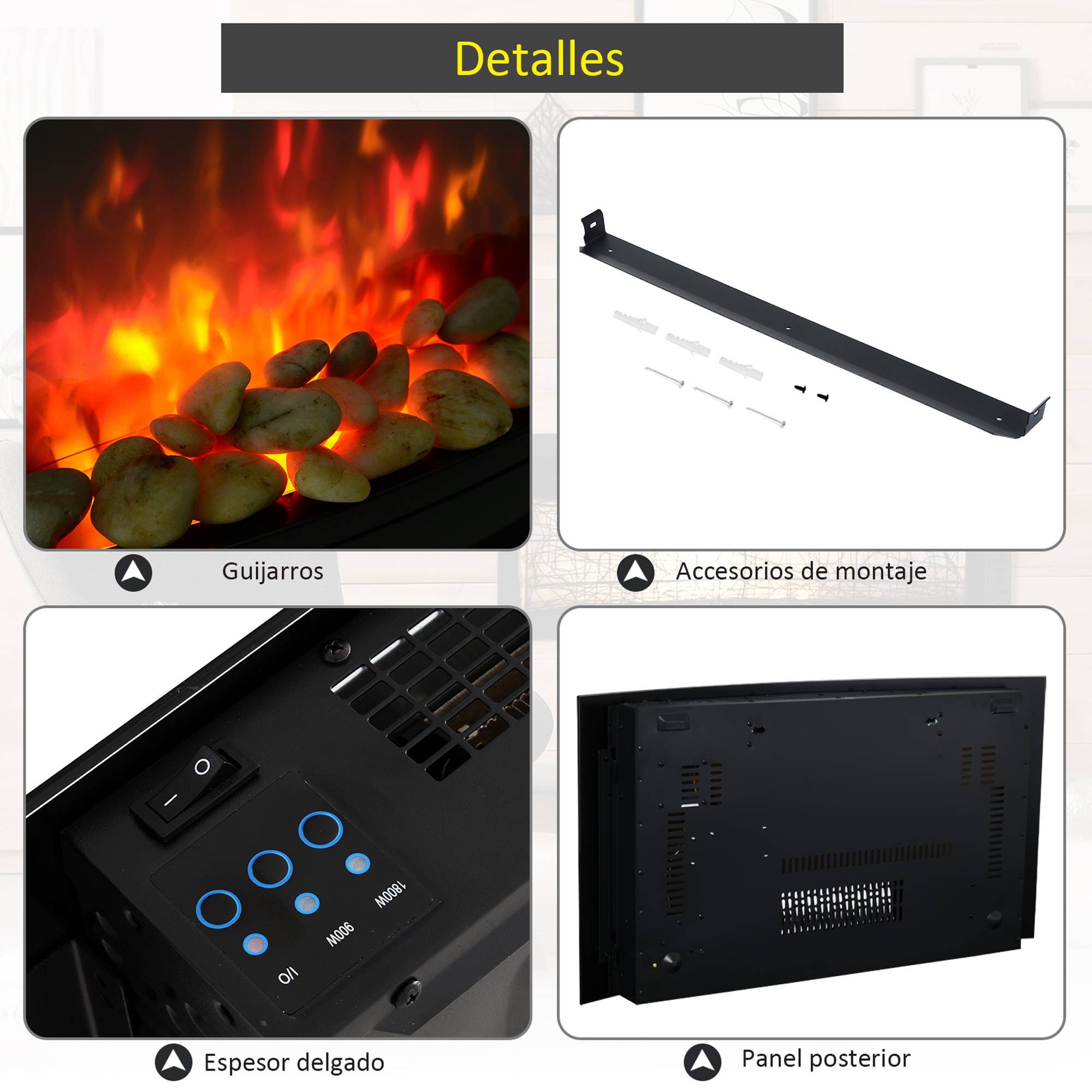 Cheminée électrique murale 900/1800W silencieuse avec télécommande, thermostat et effet de flammes noir - Image 6