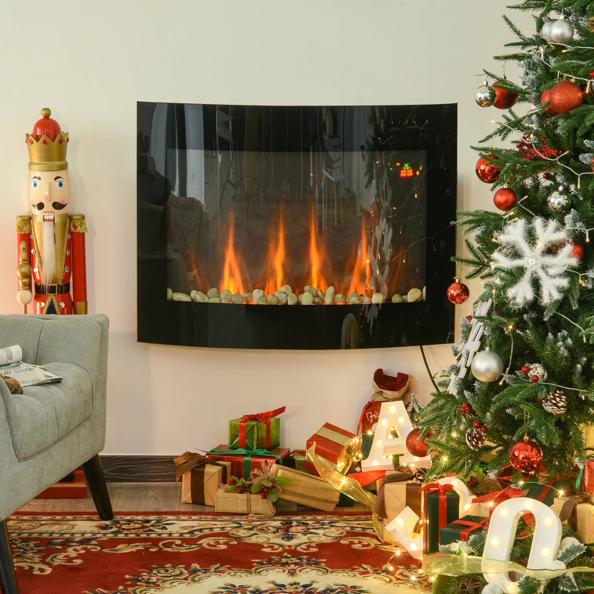 Cheminée électrique murale 900/1800W silencieuse avec télécommande, thermostat et effet de flammes noir - Image 3