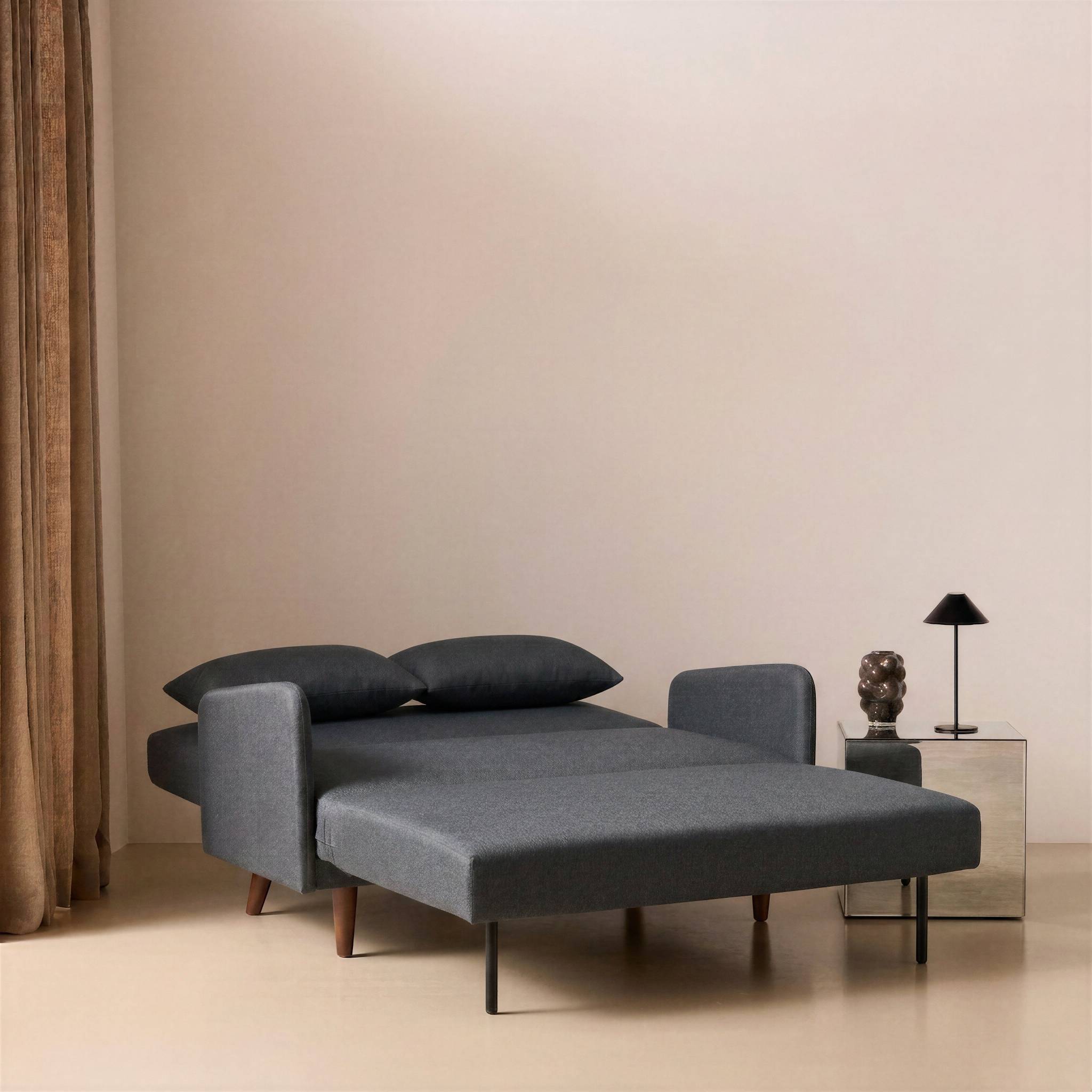 sweeek - Canapé convertible en tissu - Panam - 2 places scandinave. pieds bois foncé. gris foncé. banquette. dossier inclinable | sweeek - Image 3