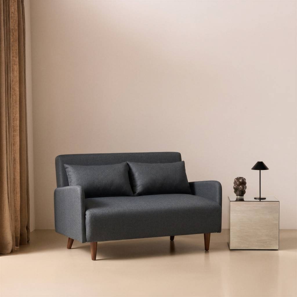 sweeek - Canapé convertible en tissu - Panam - 2 places scandinave. pieds bois foncé. gris foncé. banquette. dossier inclinable | sweeek - Image 1