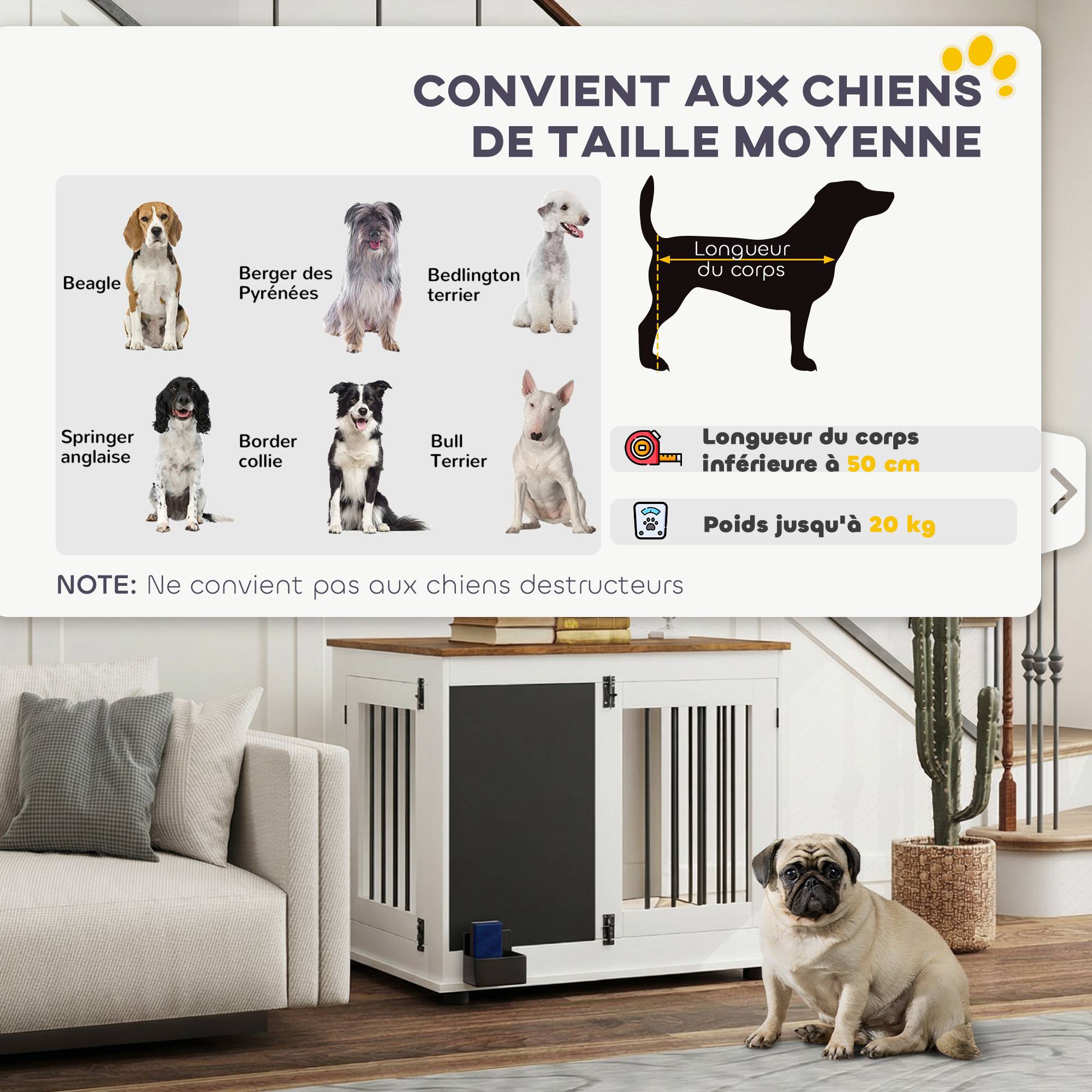 Cage pour chien acier bois intérieur moyen table d'appoint 80x60x70cm blanc - ComfortXL Outdoor Living - Image 10