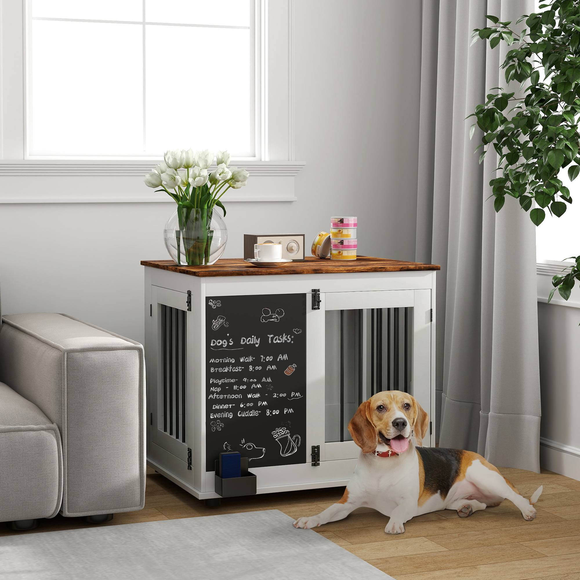 Cage pour chien acier bois intérieur moyen table d'appoint 80x60x70cm blanc - ComfortXL Outdoor Living - Image 4