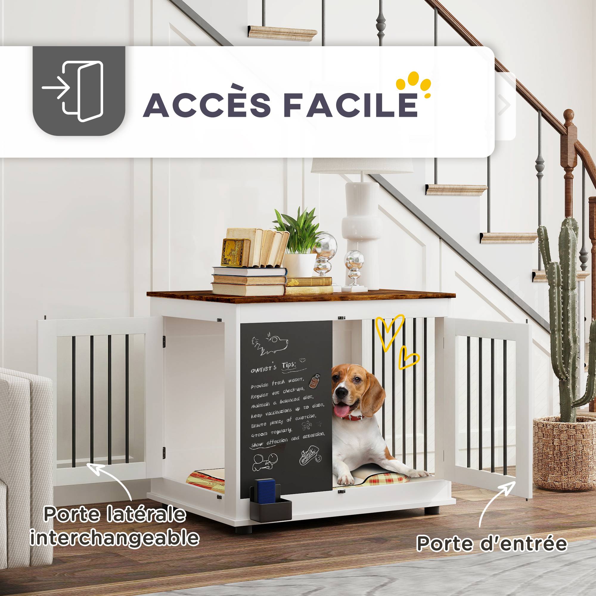 Cage pour chien acier bois intérieur moyen table d'appoint 80x60x70cm blanc - ComfortXL Outdoor Living - Image 7