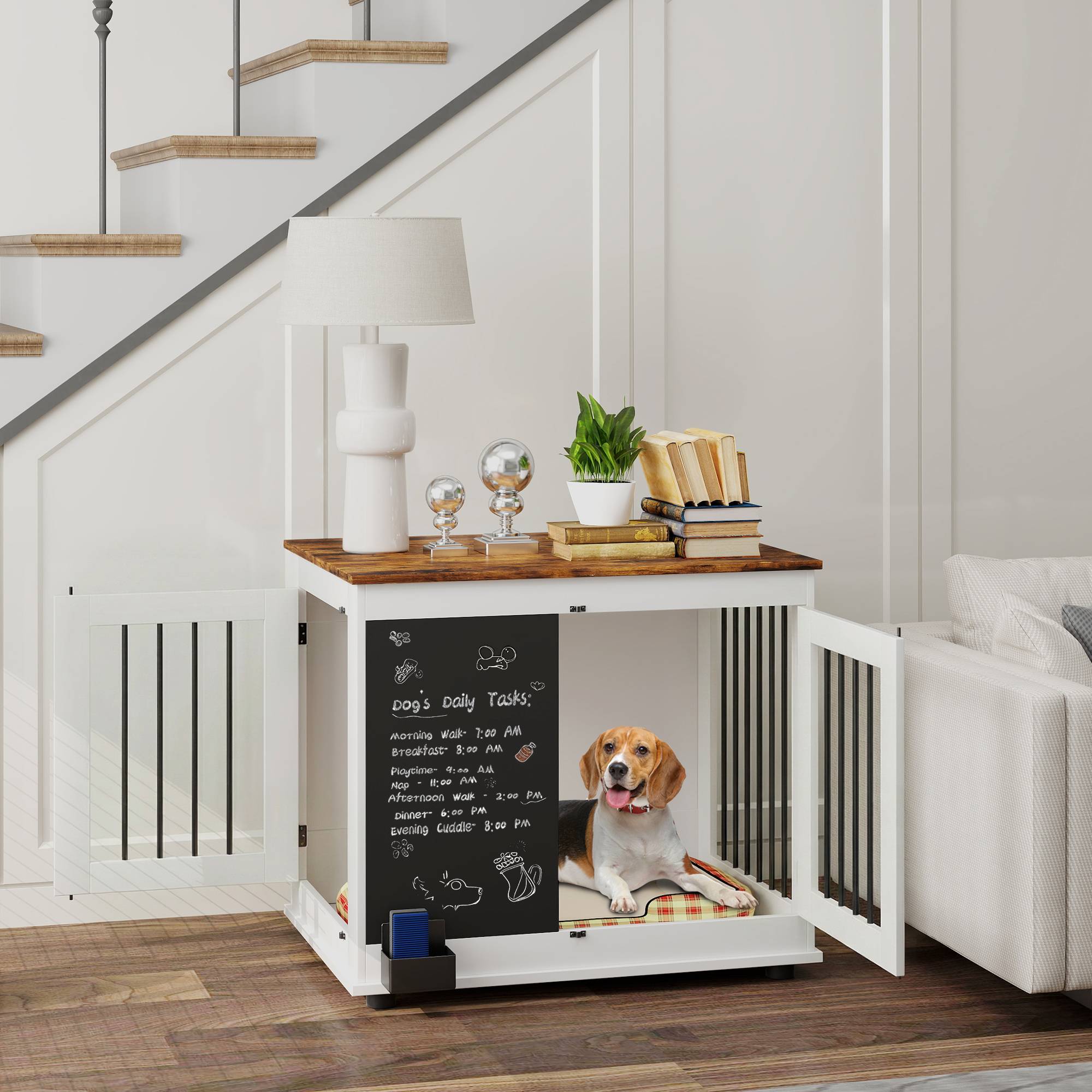 Cage pour chien acier bois intérieur moyen table d'appoint 80x60x70cm blanc - ComfortXL Outdoor Living - Image 3
