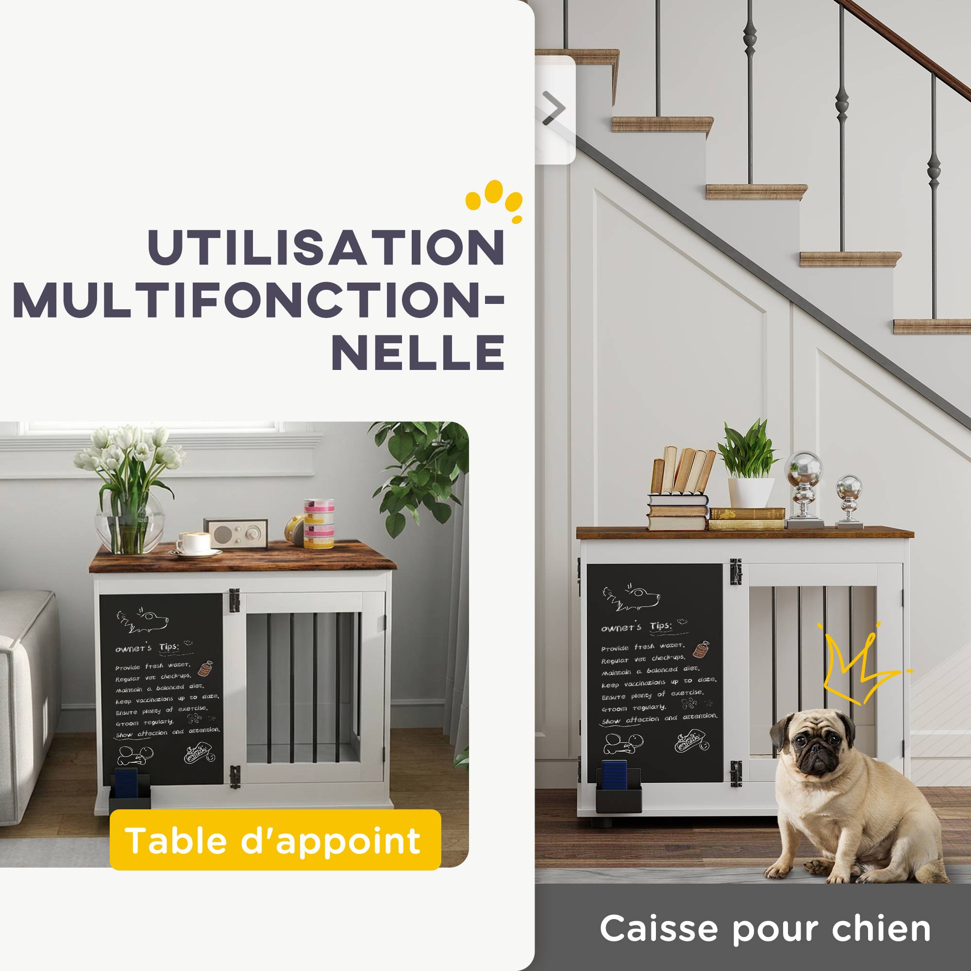Cage pour chien acier bois intérieur moyen table d'appoint 80x60x70cm blanc - ComfortXL Outdoor Living - Image 6