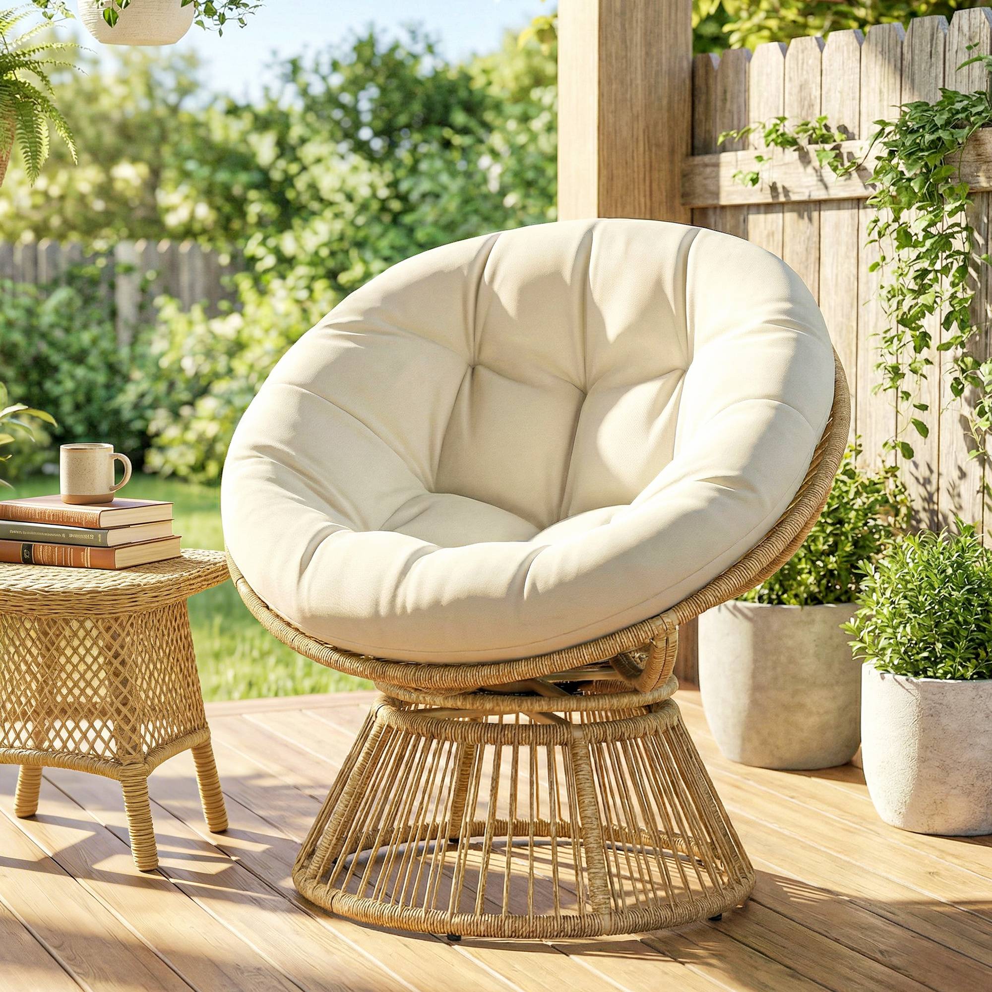Fauteuil Papasan pivotant 360° résine tressée intérieur extérieur avec coussin 93cm crème - ComfortXL Outdoor Living - Image 4