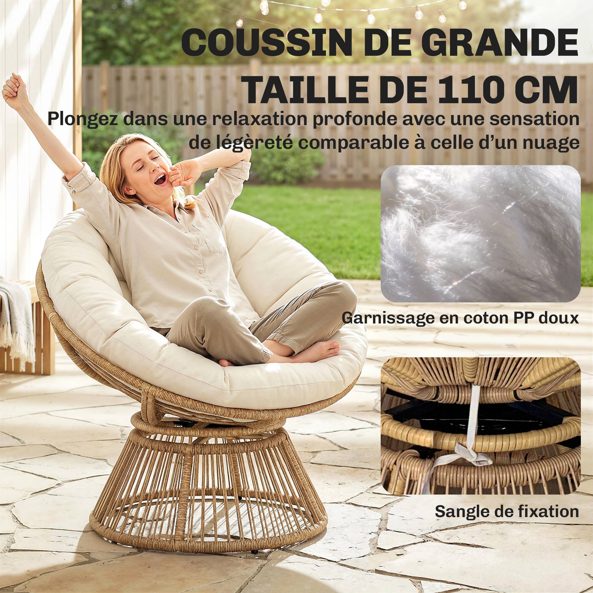 Fauteuil Papasan pivotant 360° résine tressée intérieur extérieur avec coussin 93cm crème - ComfortXL Outdoor Living - Image 8
