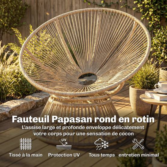 Fauteuil Papasan pivotant 360° résine tressée intérieur extérieur avec coussin 93cm crème - ComfortXL Outdoor Living - Image 7