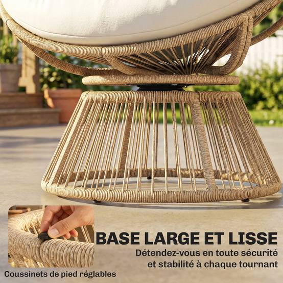Fauteuil Papasan pivotant 360° résine tressée intérieur extérieur avec coussin 93cm crème - ComfortXL Outdoor Living - Image 9