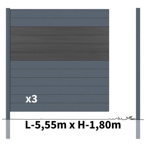 Kit Clôture Aluminium BAHIA & CRUZ Ardoise 5,5x1,8m - Bois Composite & Aluminium - Poteaux Gris - Brise Vue - Palissade - Image 3