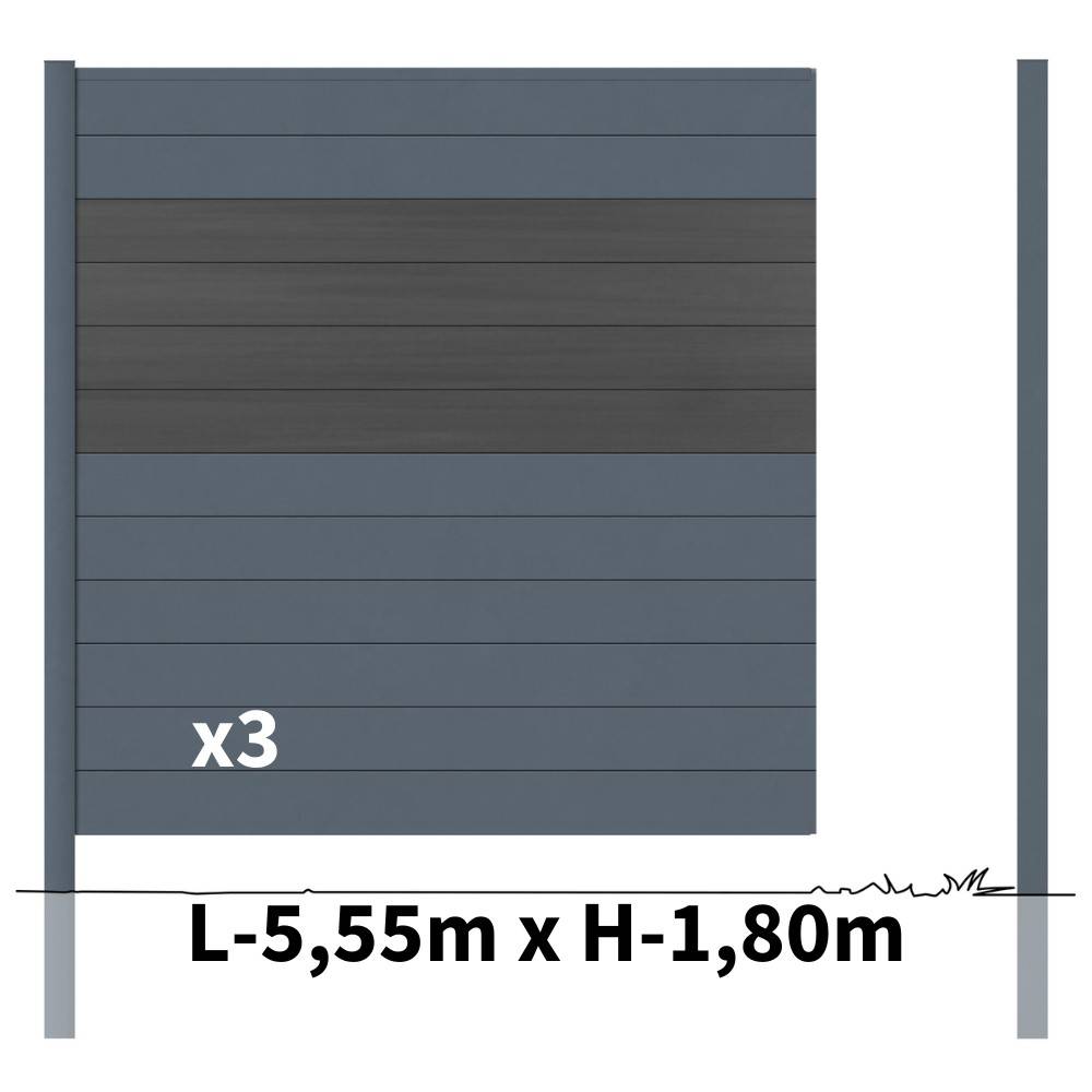 Kit Clôture Aluminium BAHIA & CRUZ Ardoise 5,5x1,8m - Bois Composite & Aluminium - Poteaux Gris - Brise Vue - Palissade - Image 3