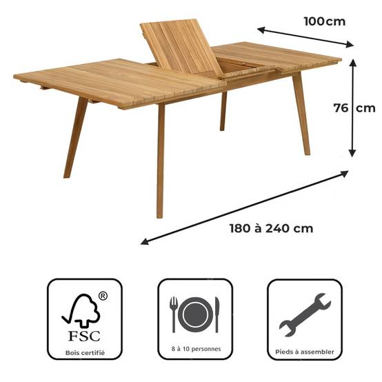 Teck'Attitude - Table extensible rectangulaire teck Flora 180/240 x 100 cm - TECK'Attitude - Imagen 7