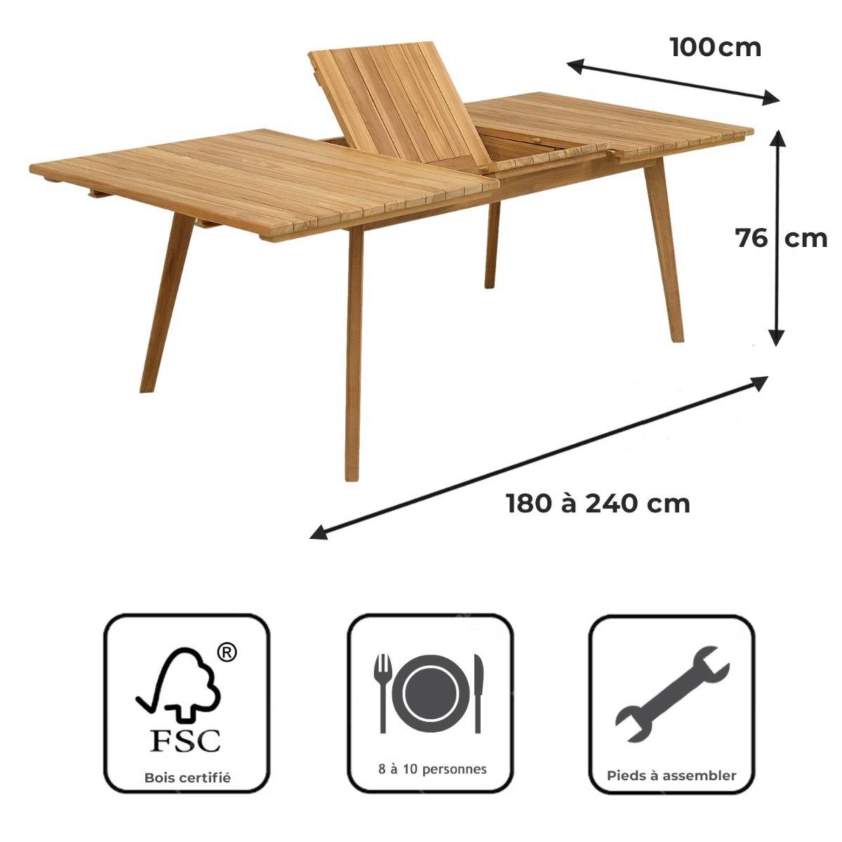 Teck'Attitude - Table extensible rectangulaire teck Flora 180/240 x 100 cm - TECK'Attitude - Imagen 7