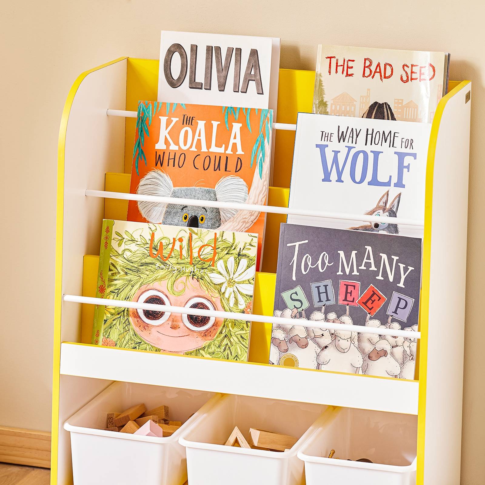 SoBuy Bibliothèque Enfant avec 3 Compartiments et Boîtes, Étagère de Rangement pour Livres et Jouets - Image 4