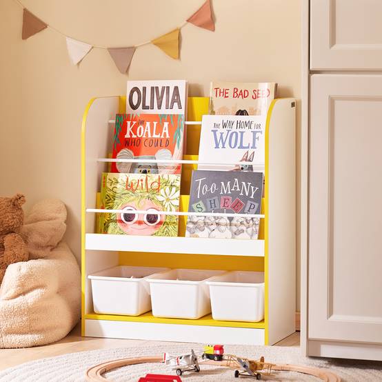 SoBuy Bibliothèque Enfant avec 3 Compartiments et Boîtes, Étagère de Rangement pour Livres et Jouets - Image 2