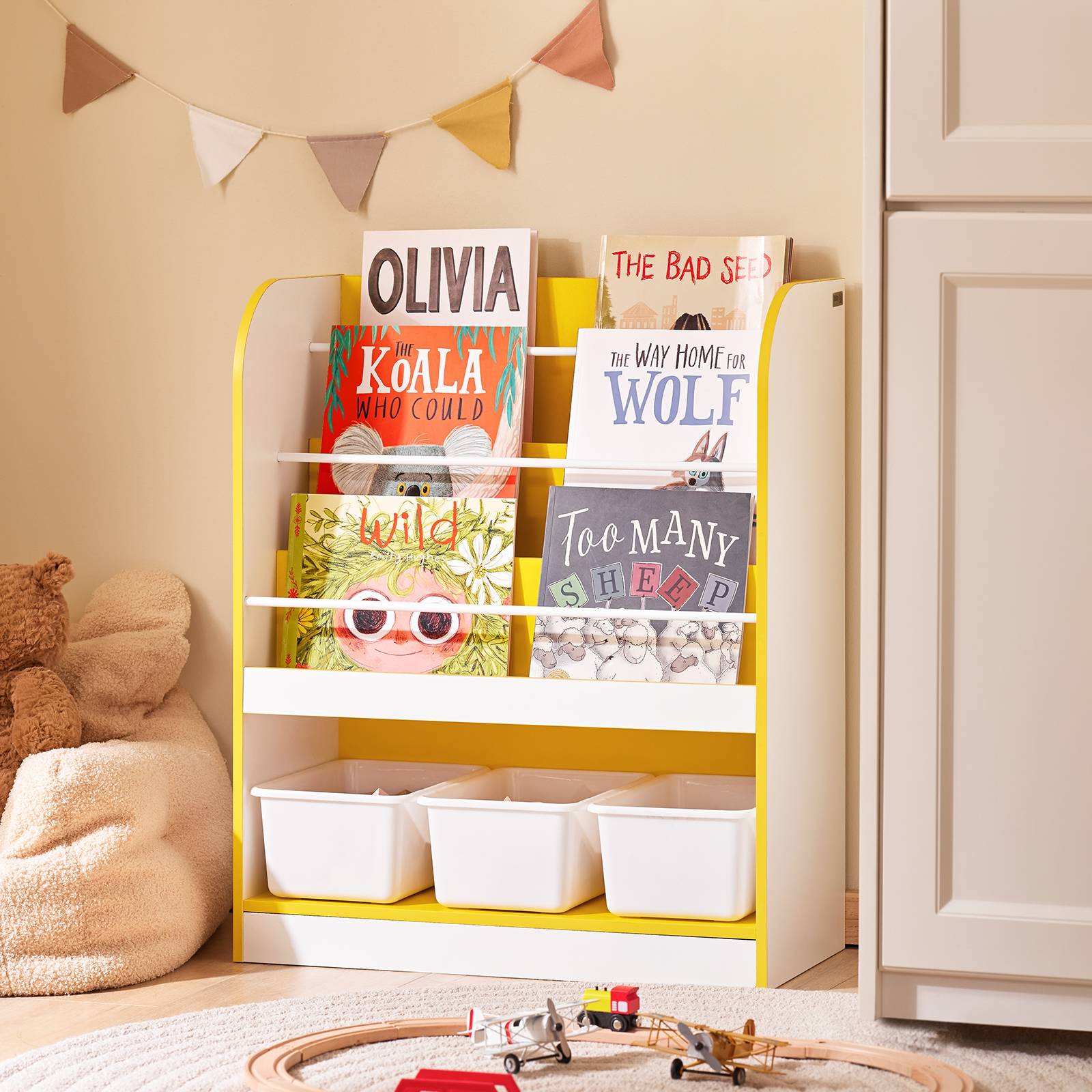 SoBuy Bibliothèque Enfant avec 3 Compartiments et Boîtes, Étagère de Rangement pour Livres et Jouets - Image 2