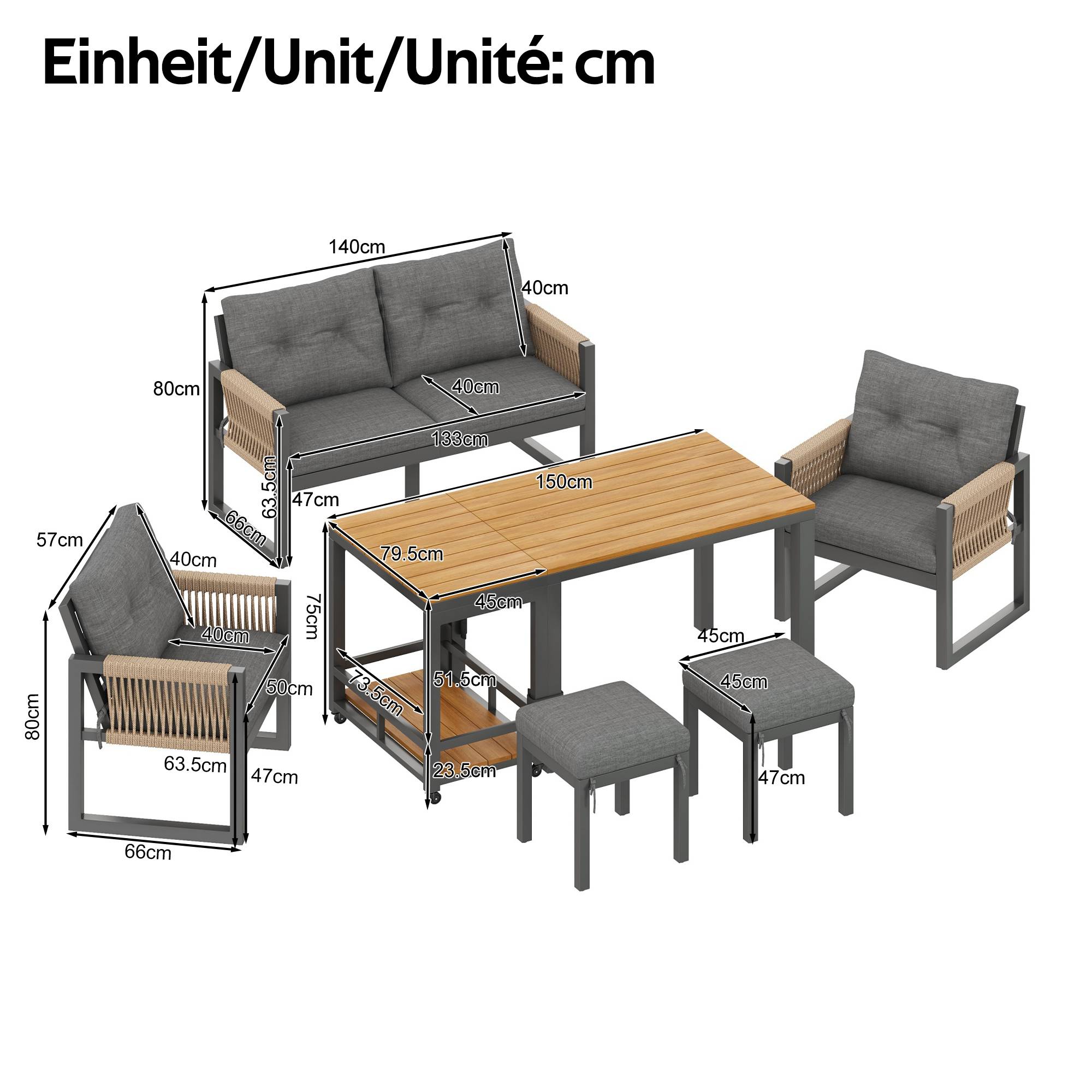 Salon de Jardin avec Canapé 2 Places 2 Fauteuils 2 Poufs et Table Polyester Gris Naturel - Image 5
