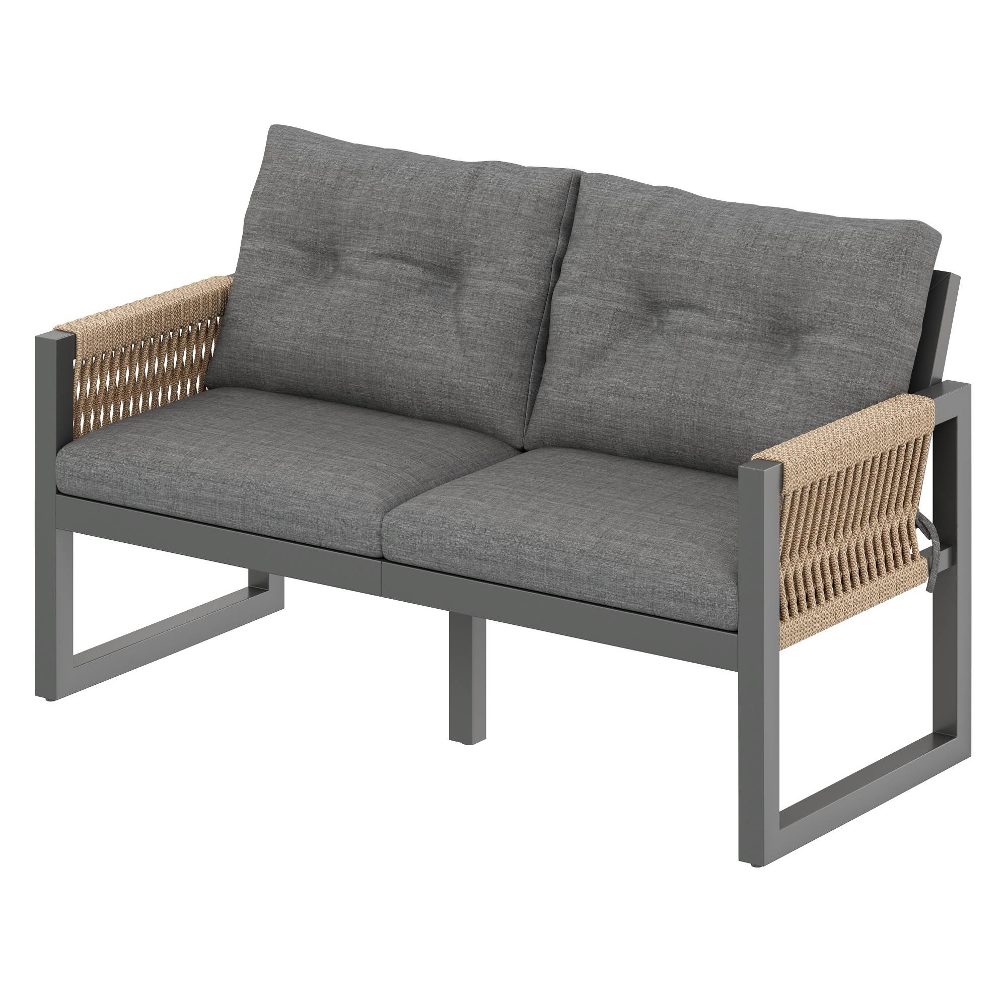 Salon de Jardin avec Canapé 2 Places 2 Fauteuils 2 Poufs et Table Polyester Gris Naturel - Image 7