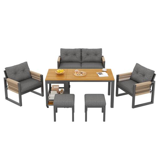 Salon de Jardin avec Canapé 2 Places 2 Fauteuils 2 Poufs et Table Polyester Gris Naturel - Image 1