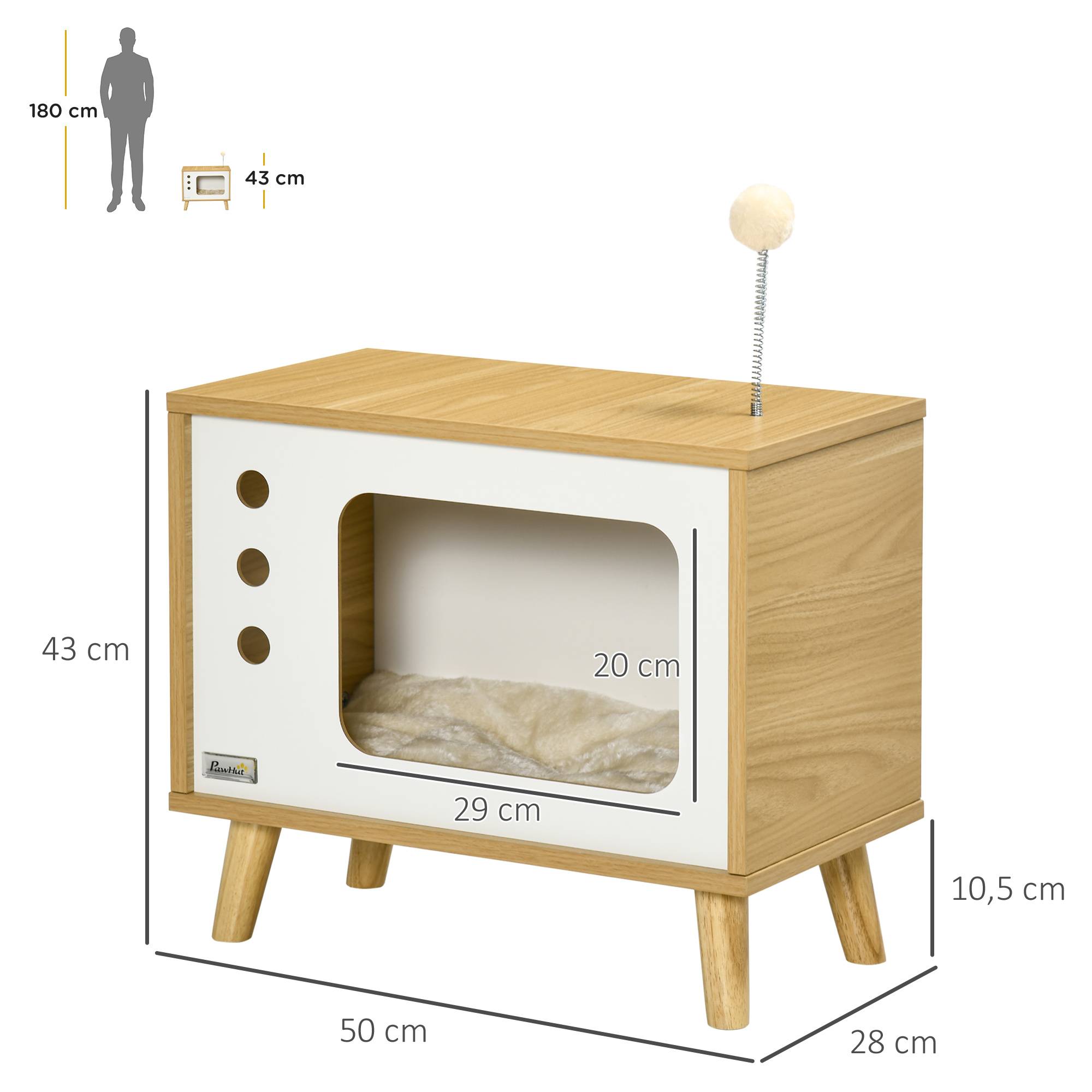 Pawhut - Maison pour chat design poste de télévision - niche chat panier chat - 1 coussins amovible, boule à ressort - panneaux aspect bois clair blanc - Imagen 3
