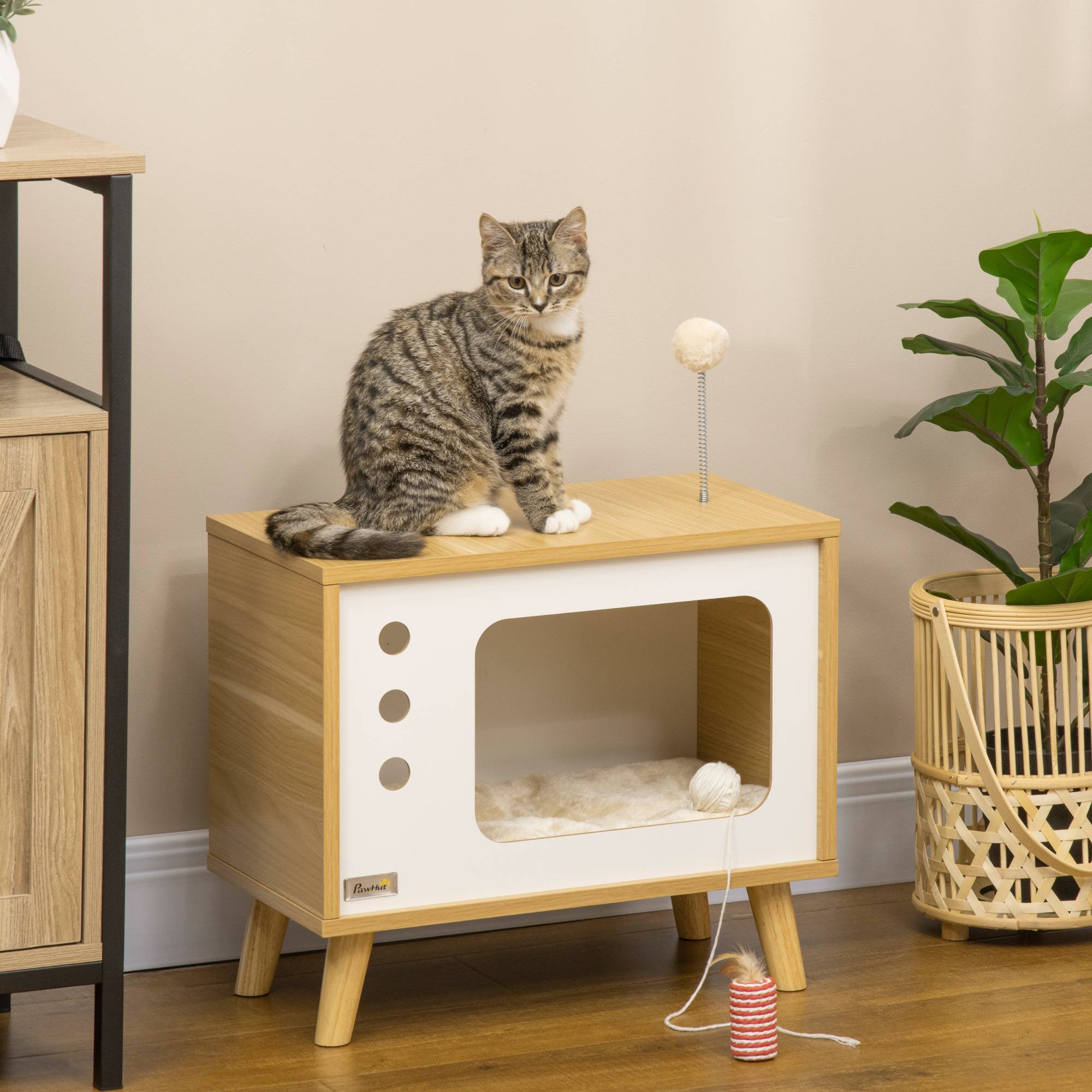 Pawhut - Maison pour chat design poste de télévision - niche chat panier chat - 1 coussins amovible, boule à ressort - panneaux aspect bois clair blanc - Imagen 2