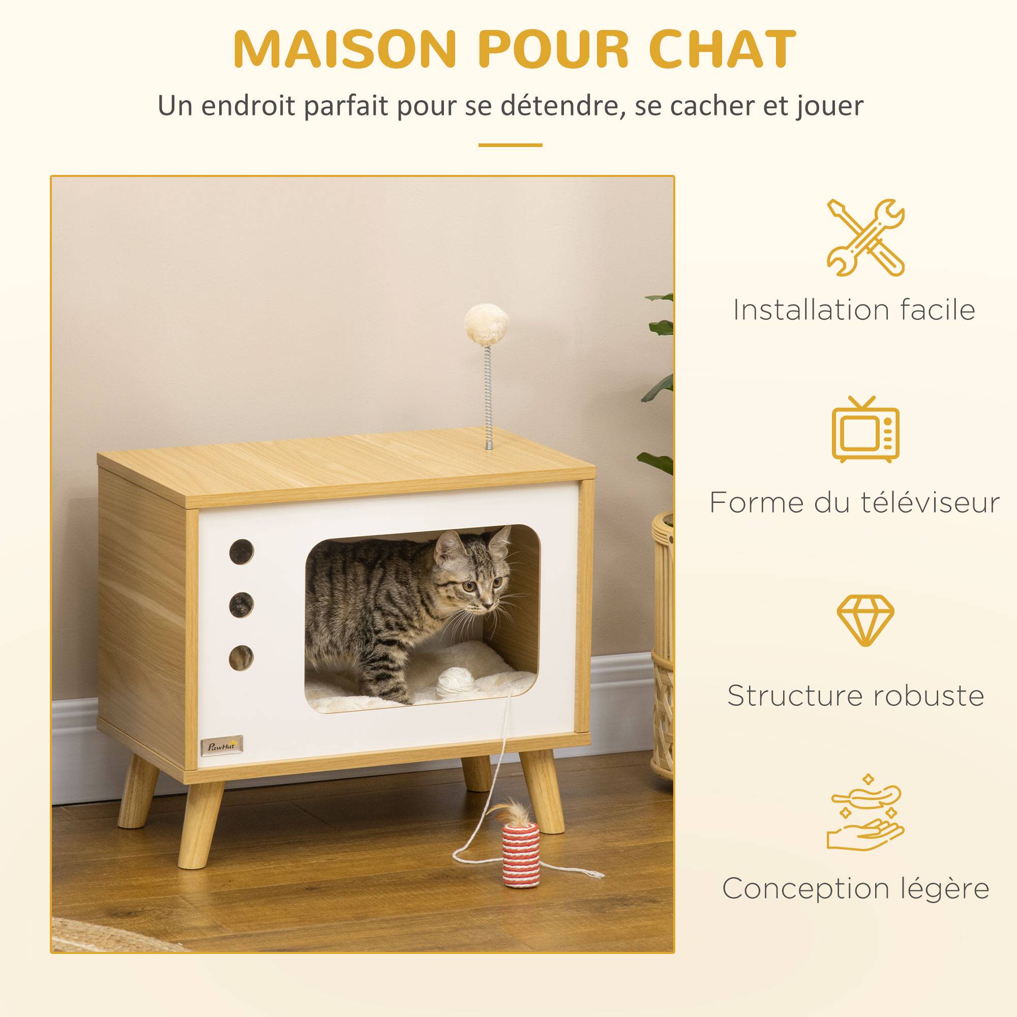 Pawhut - Maison pour chat design poste de télévision - niche chat panier chat - 1 coussins amovible, boule à ressort - panneaux aspect bois clair blanc - Imagen 7