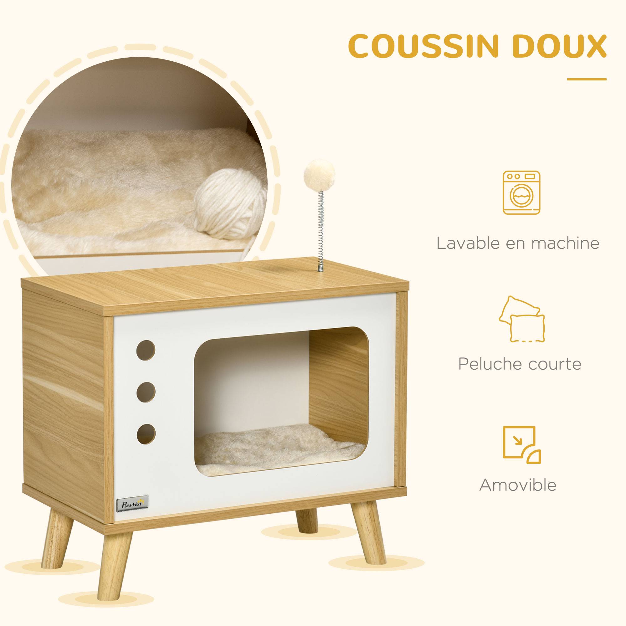 Pawhut - Maison pour chat design poste de télévision - niche chat panier chat - 1 coussins amovible, boule à ressort - panneaux aspect bois clair blanc - Imagen 5