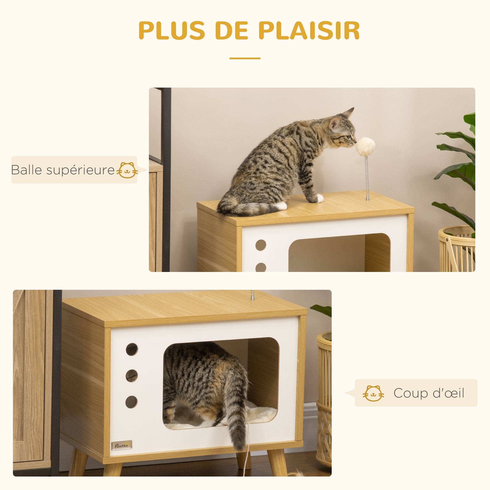 Pawhut - Maison pour chat design poste de télévision - niche chat panier chat - 1 coussins amovible, boule à ressort - panneaux aspect bois clair blanc - Imagen 6