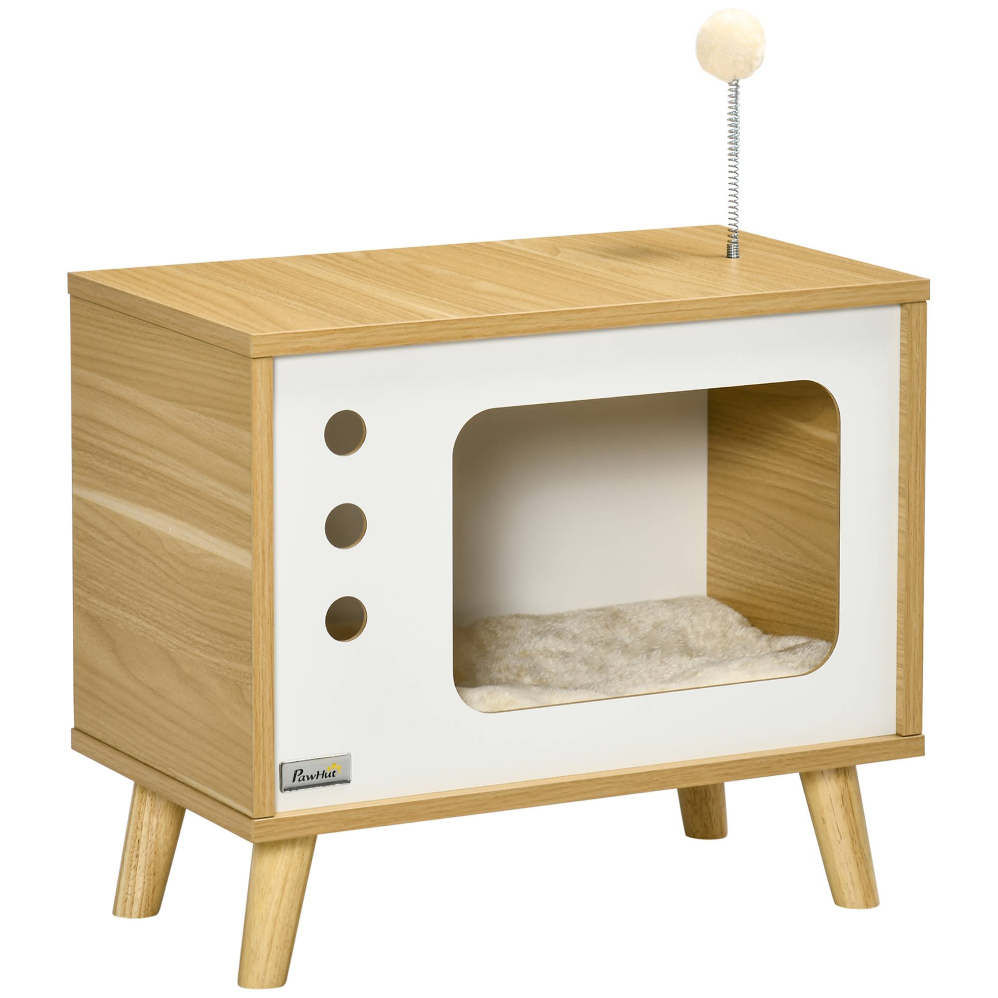 Pawhut - Maison pour chat design poste de télévision - niche chat panier chat - 1 coussins amovible, boule à ressort - panneaux aspect bois clair blanc - Imagen 1
