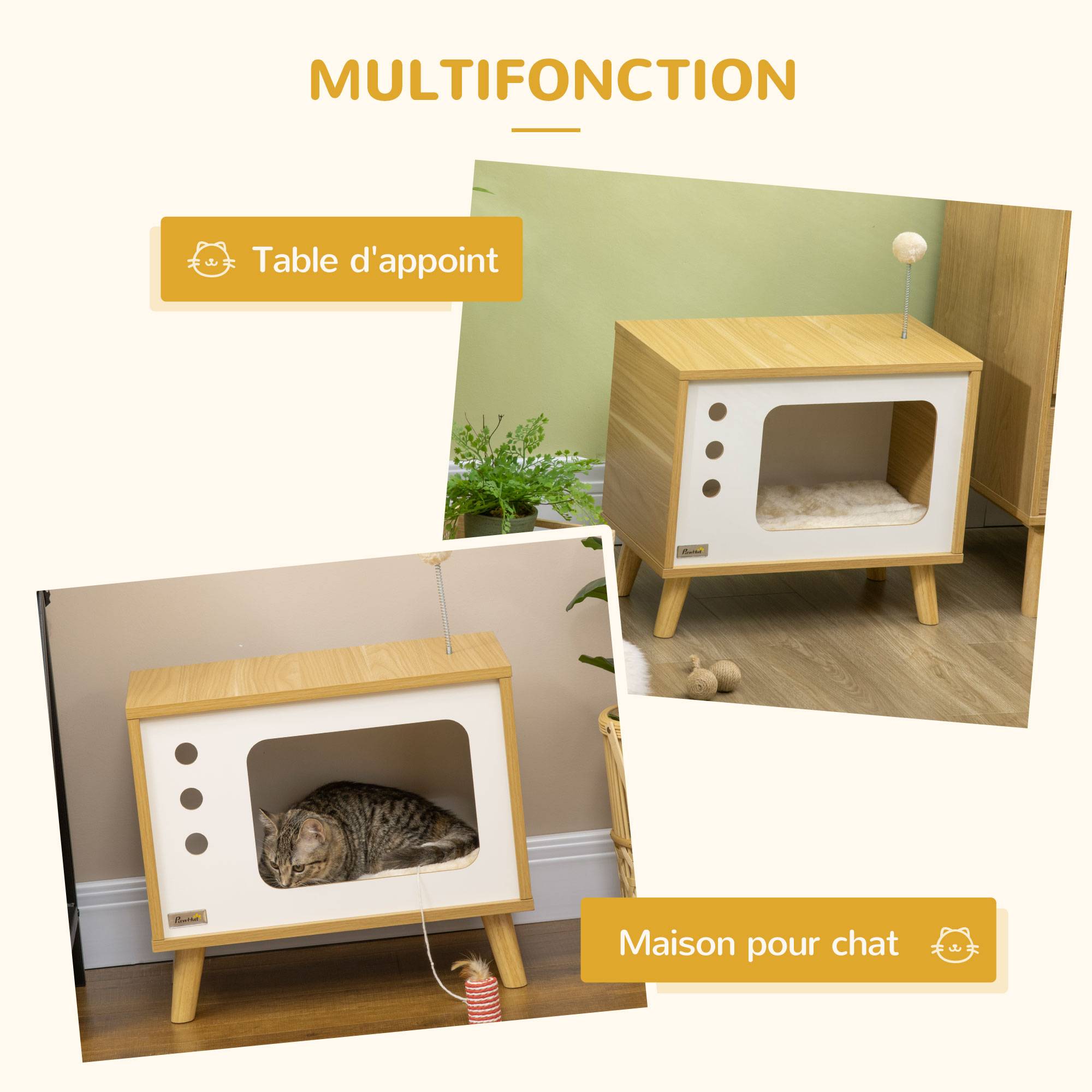 Pawhut - Maison pour chat design poste de télévision - niche chat panier chat - 1 coussins amovible, boule à ressort - panneaux aspect bois clair blanc - Imagen 4