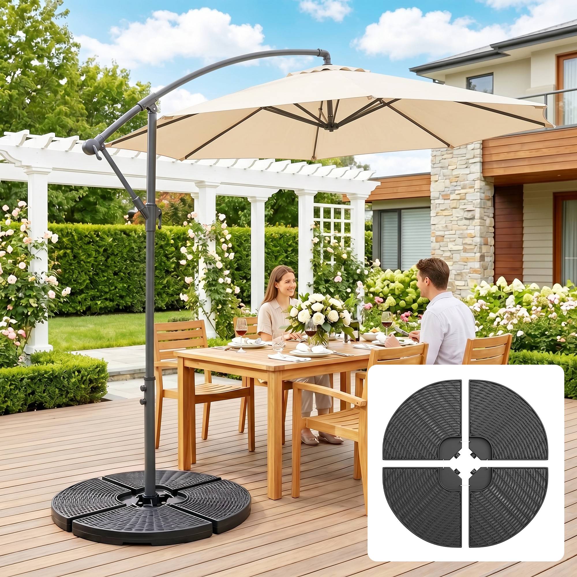 Base de parasol déporté en 4 pièces en HDPE remplissables avec eau et sable, Ø100x8 cm, noir - Image 10