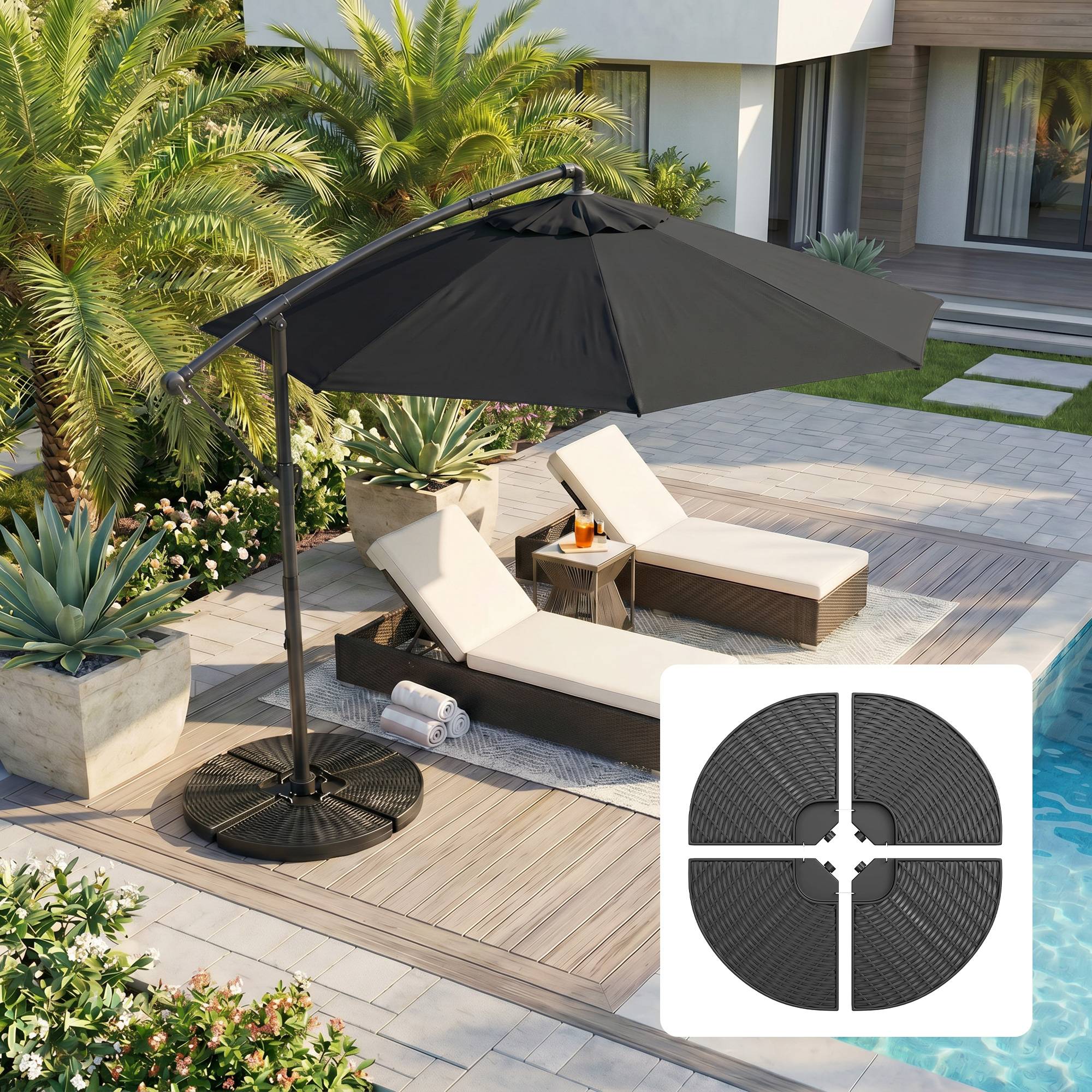 Base de parasol déporté en 4 pièces en HDPE remplissables avec eau et sable, Ø100x8 cm, noir - Image 4