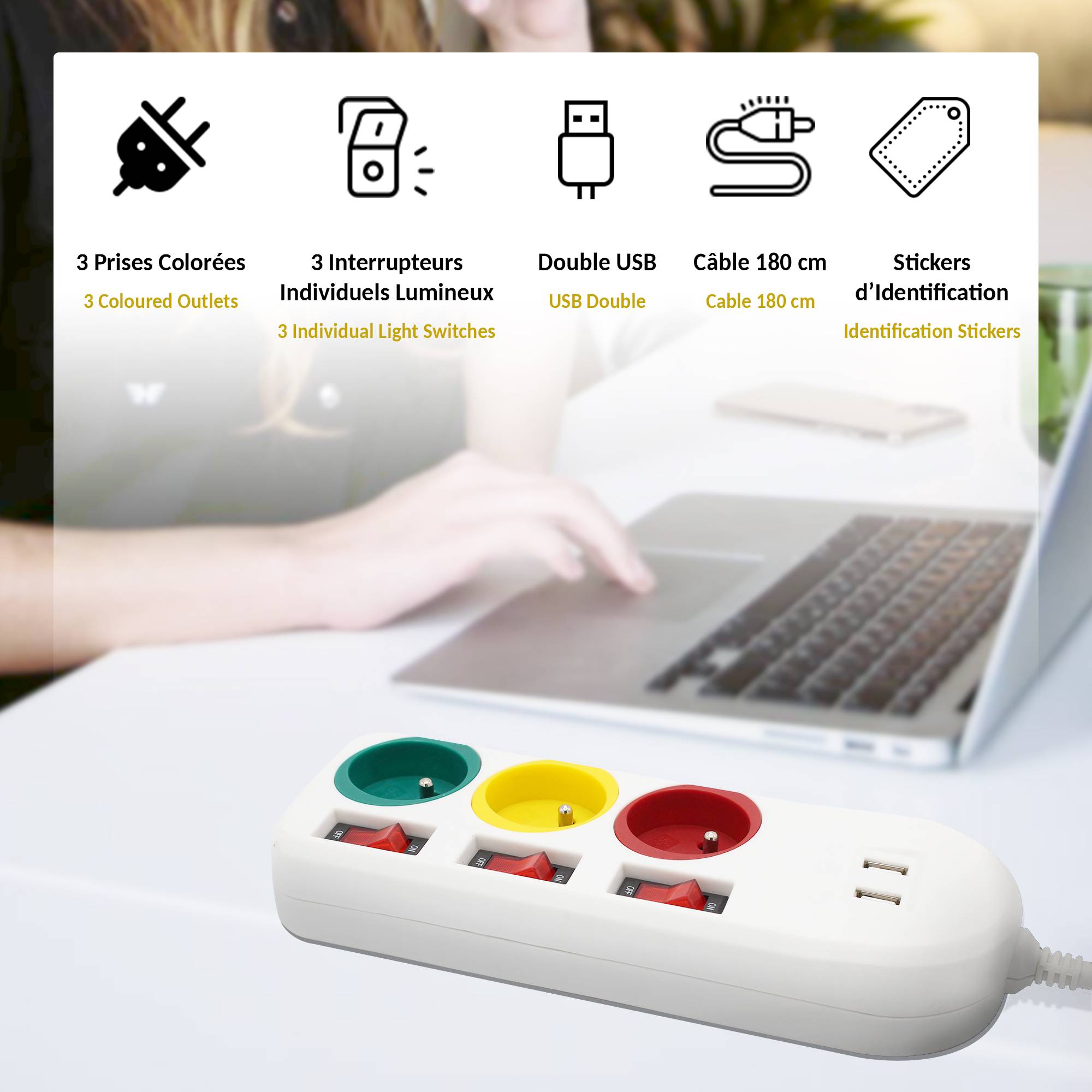 Fishtec - Multiprise Trio Color 3 Prises FISHTEC Interrupteurs USB 2A Câble 180 cm - Image 3