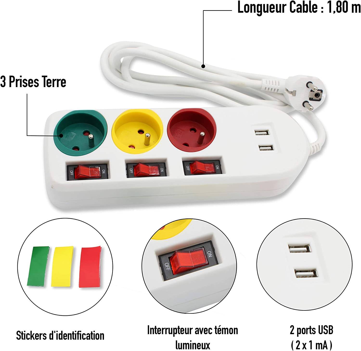 Fishtec - Multiprise Trio Color 3 Prises FISHTEC Interrupteurs USB 2A Câble 180 cm - Image 6