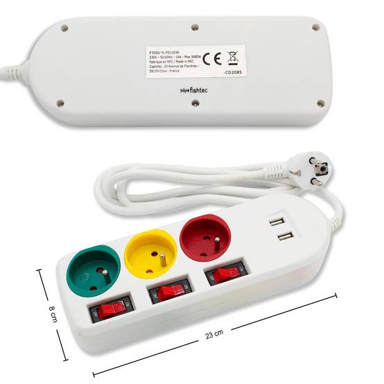 Fishtec - Multiprise Trio Color 3 Prises FISHTEC Interrupteurs USB 2A Câble 180 cm - Image 9
