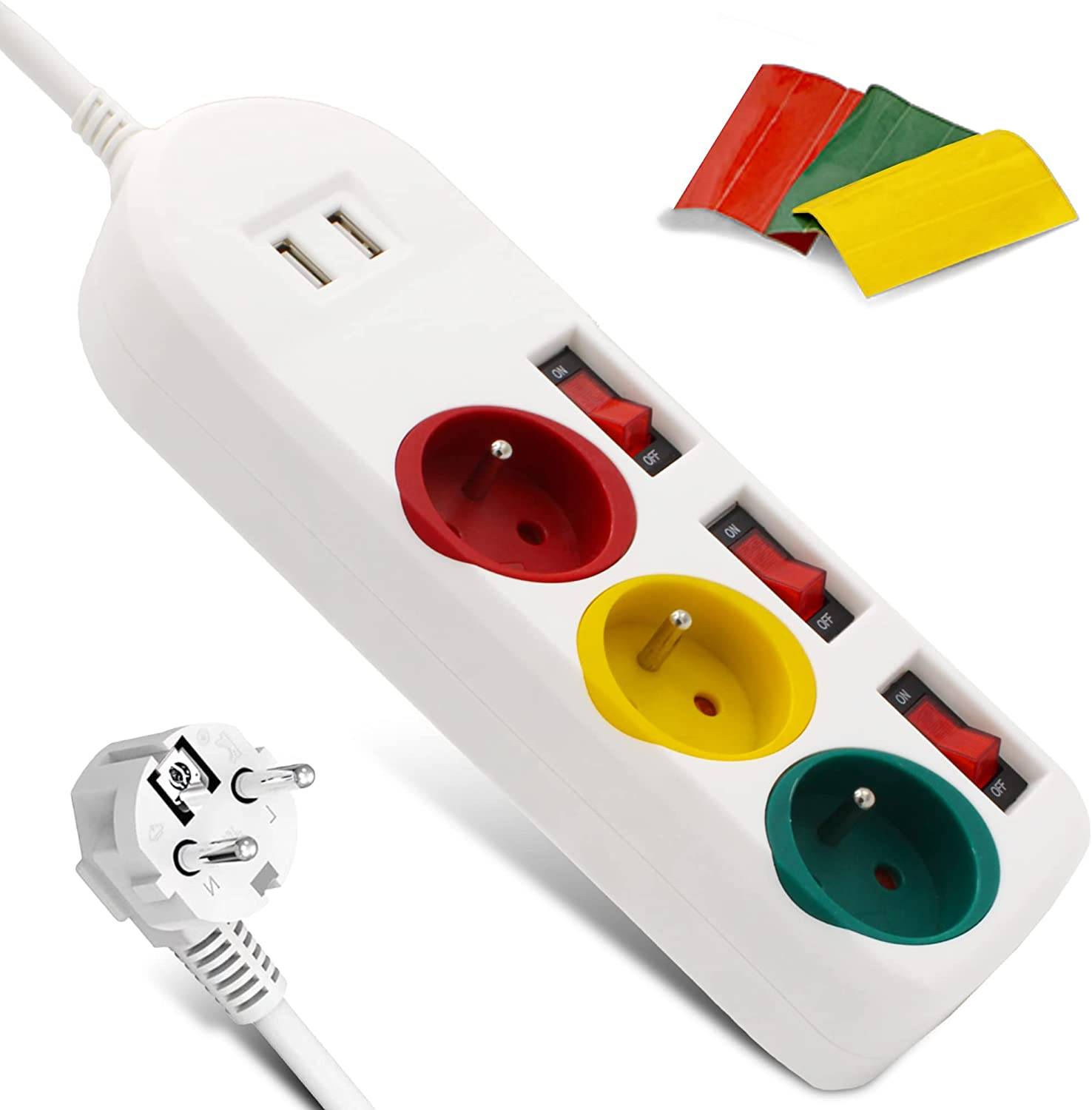 Fishtec - Multiprise Trio Color 3 Prises FISHTEC Interrupteurs USB 2A Câble 180 cm - Image 1