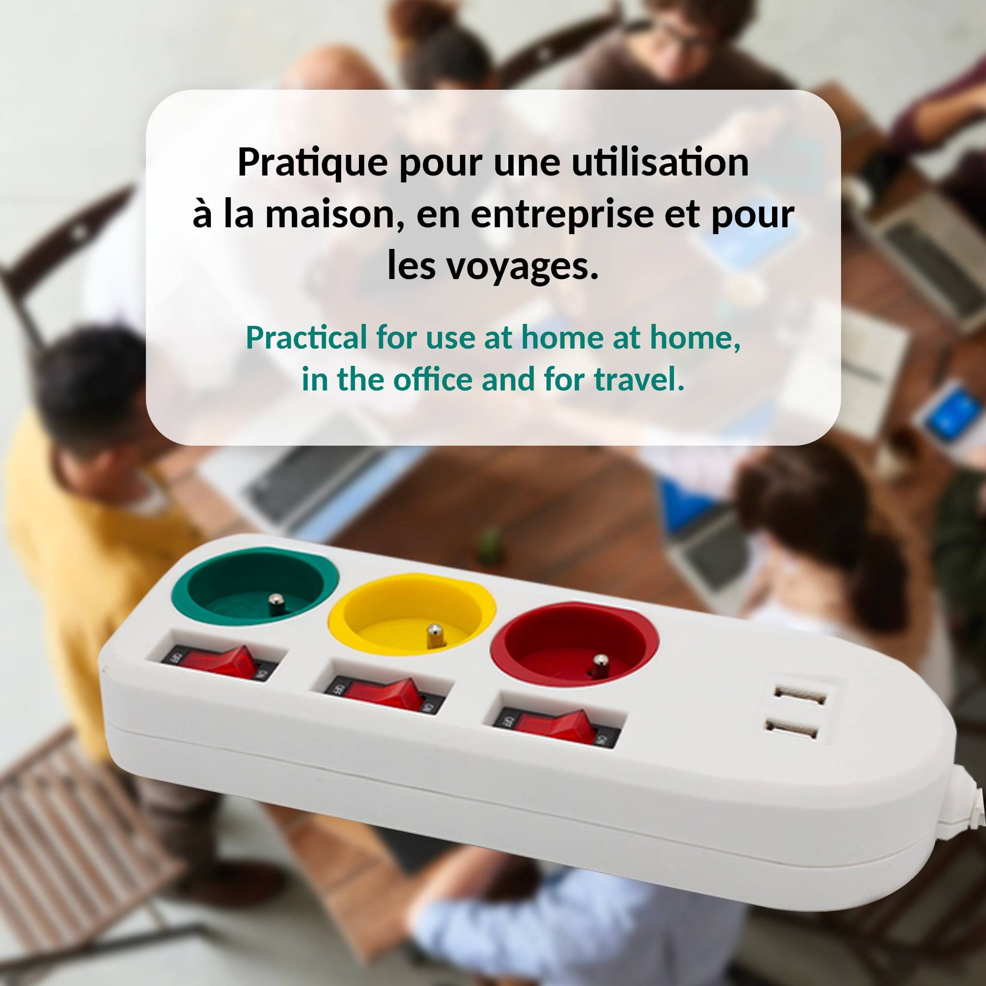 Fishtec - Multiprise Trio Color 3 Prises FISHTEC Interrupteurs USB 2A Câble 180 cm - Image 7