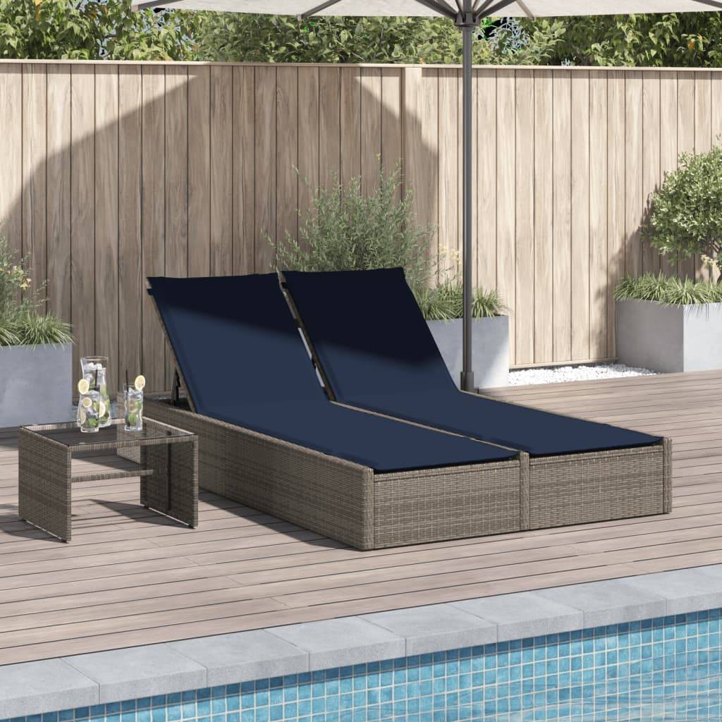 Chaise longue | Transat | Bain de soleil double avec coussins gris résine tressée - Image 2